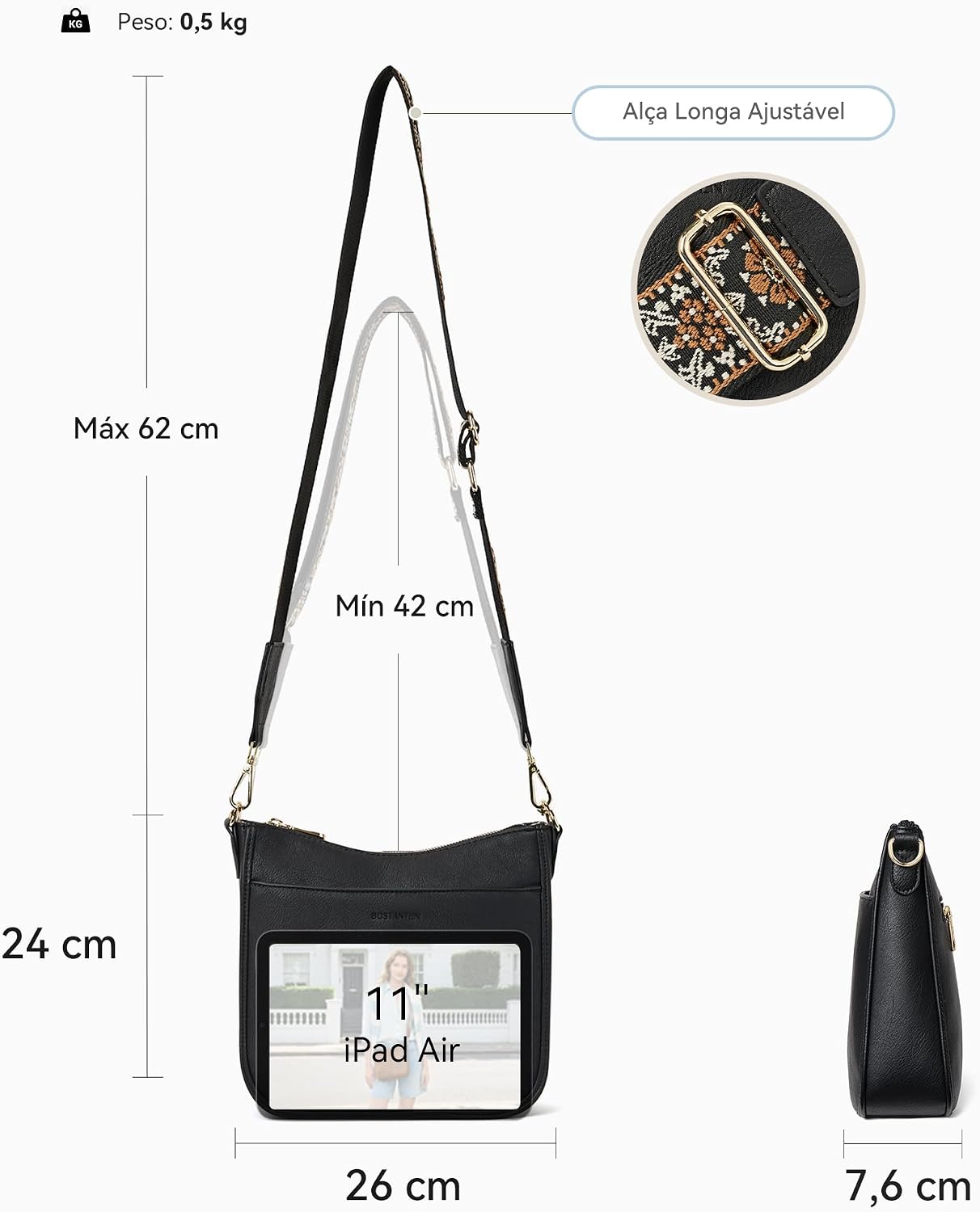 BOSTANTEN Bolsa tiracolo feminina pequena de couro com alça de ombro moderna e zíper triplo BOSTANTEN Bolsa tiracolo feminina pequena de couro com alça de ombro moderna e zíper triplo