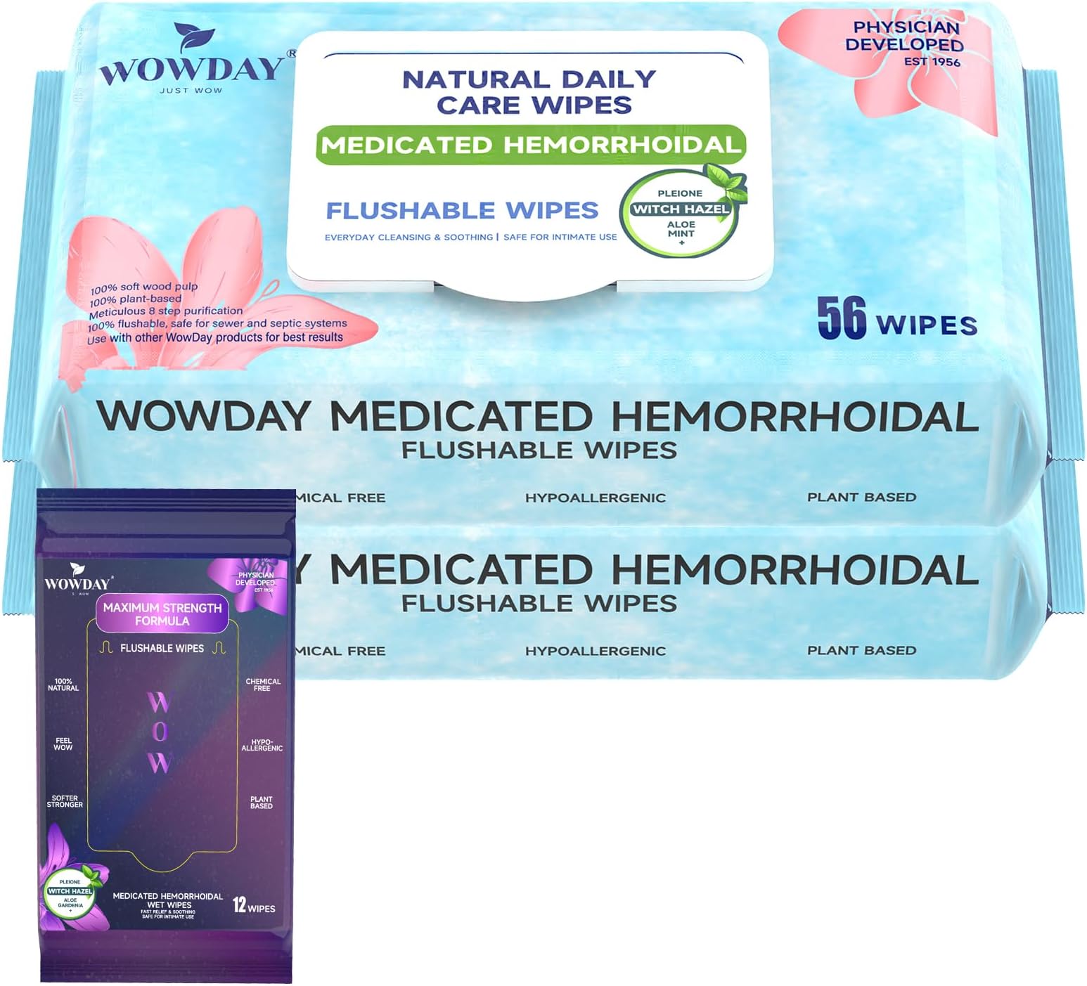 Flushable Hemorrhoid Wipes | Medicated Witch Hazel Wipes Ph Balanced | 112 Count Natural Fragrance Free Adult Hemorrhoids Witch Hazel Wipe for Butt Itch