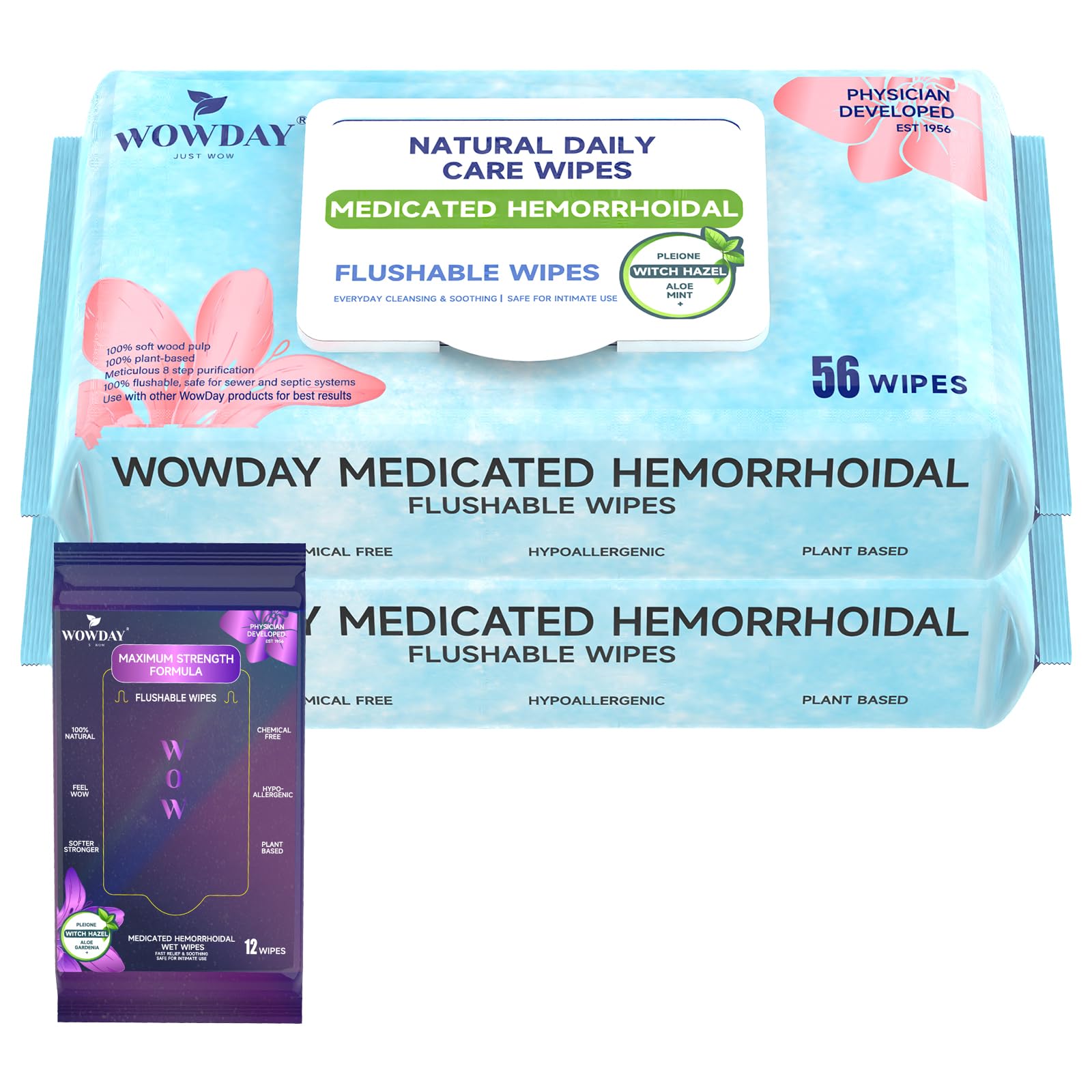 Wowday Flushable Hemorrhoid Wipes | Medicated Witch Hazel Wipes Ph Balanced | 112 Count Natural Fragrance Free Adult Hemorrhoids Witch Hazel Wipe for Butt Itch