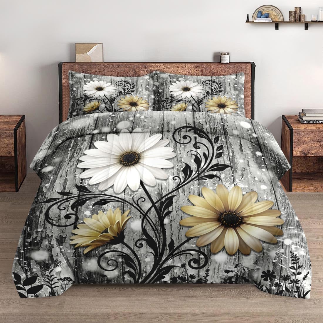 WeCozy 3 Pcs Queen Size Comforter Set with 2 Pillowcases, Daisy Butterfly Farmhouse Soft Bedding for Kids and Adults, Rustic Floral Retro Comforter Set for Room Bedroom Bed Decor