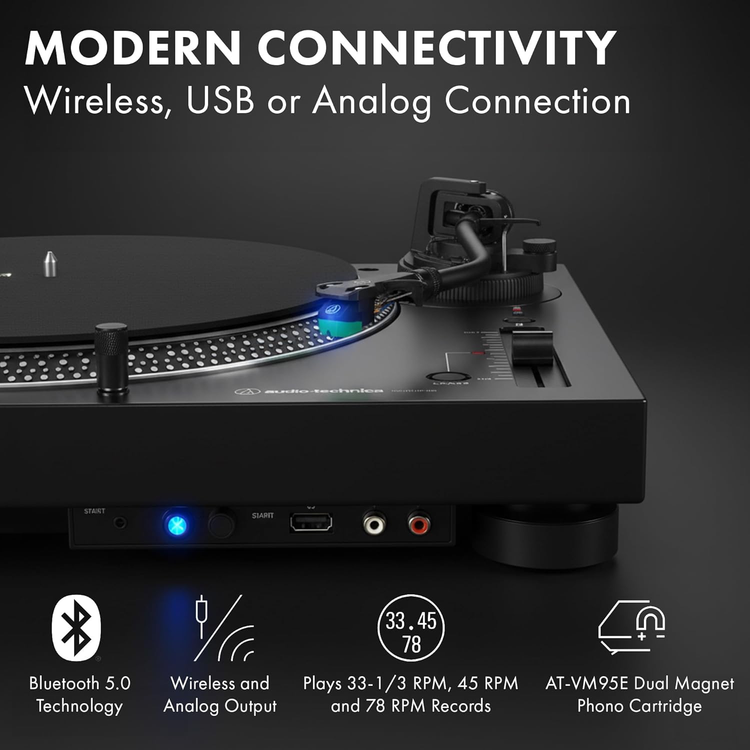 Audio-Technica AT-LP120XBT-USB Wireless Direct-Drive Turntable with Bluetooth, Analog, and USB Outputs - Black Bundle with Headphones, Cable, Slip Mat, Cleaning Kit, and Austin Bazaar Polishing Cloth