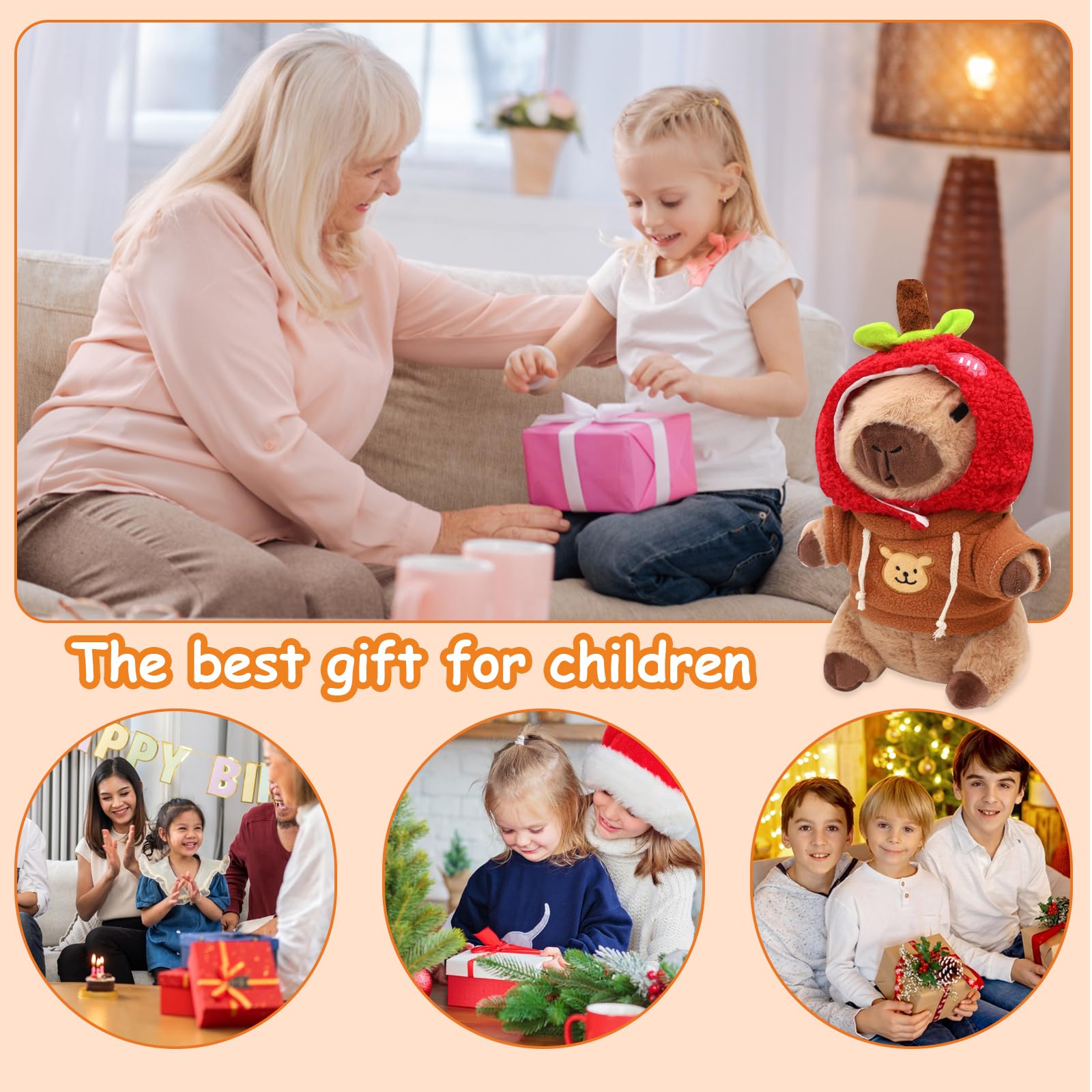 Peluche Capybara 13Pcs Set, 23cm Juguete de Peluche de Capibara avec Diadème de Fraises, Brun Poupée en Peluche Capibara, Simulation Peluche en Capybara, Muñecos Peluche Kapibara, Cadeau pour Enfants