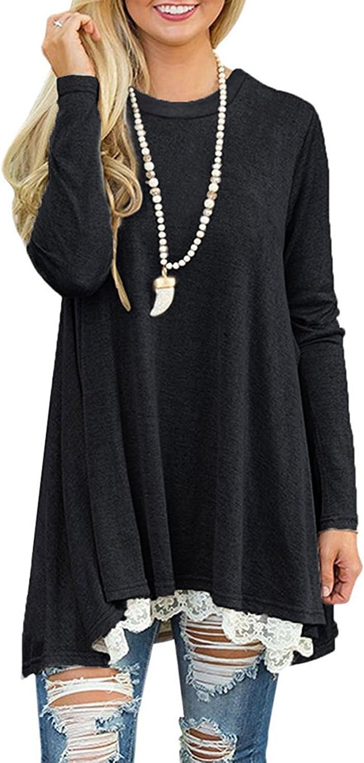 WEKILI Women's Tops Long Sleeve Lace Scoop Neck A-line Tunic Blouse - Image 3