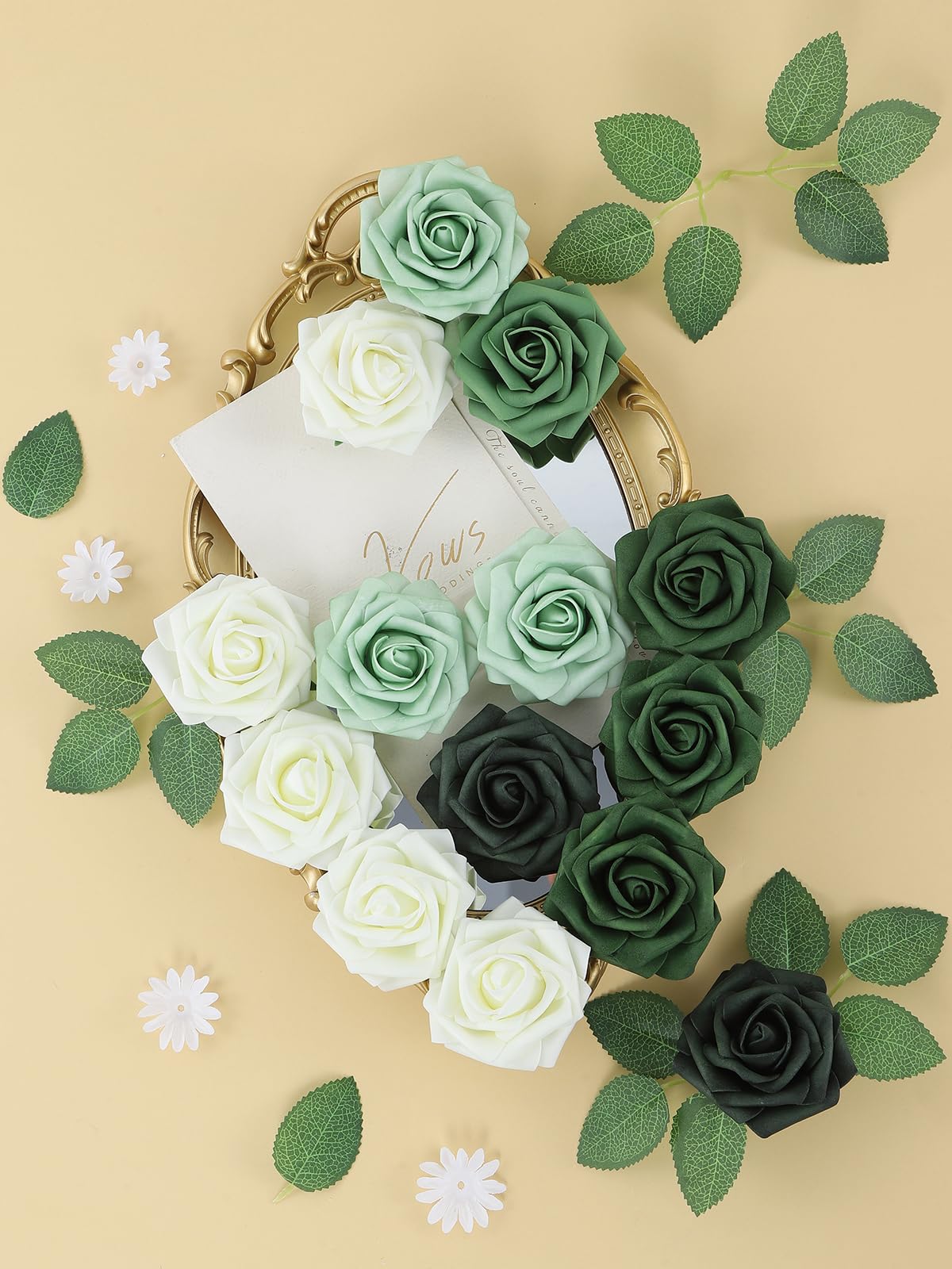25 rose artificiali bianche e verdi, rose finte in schiuma realistica al tatto, per bouquet da sposa, centrotavola, composizioni floreali, feste, decorazioni per la casa