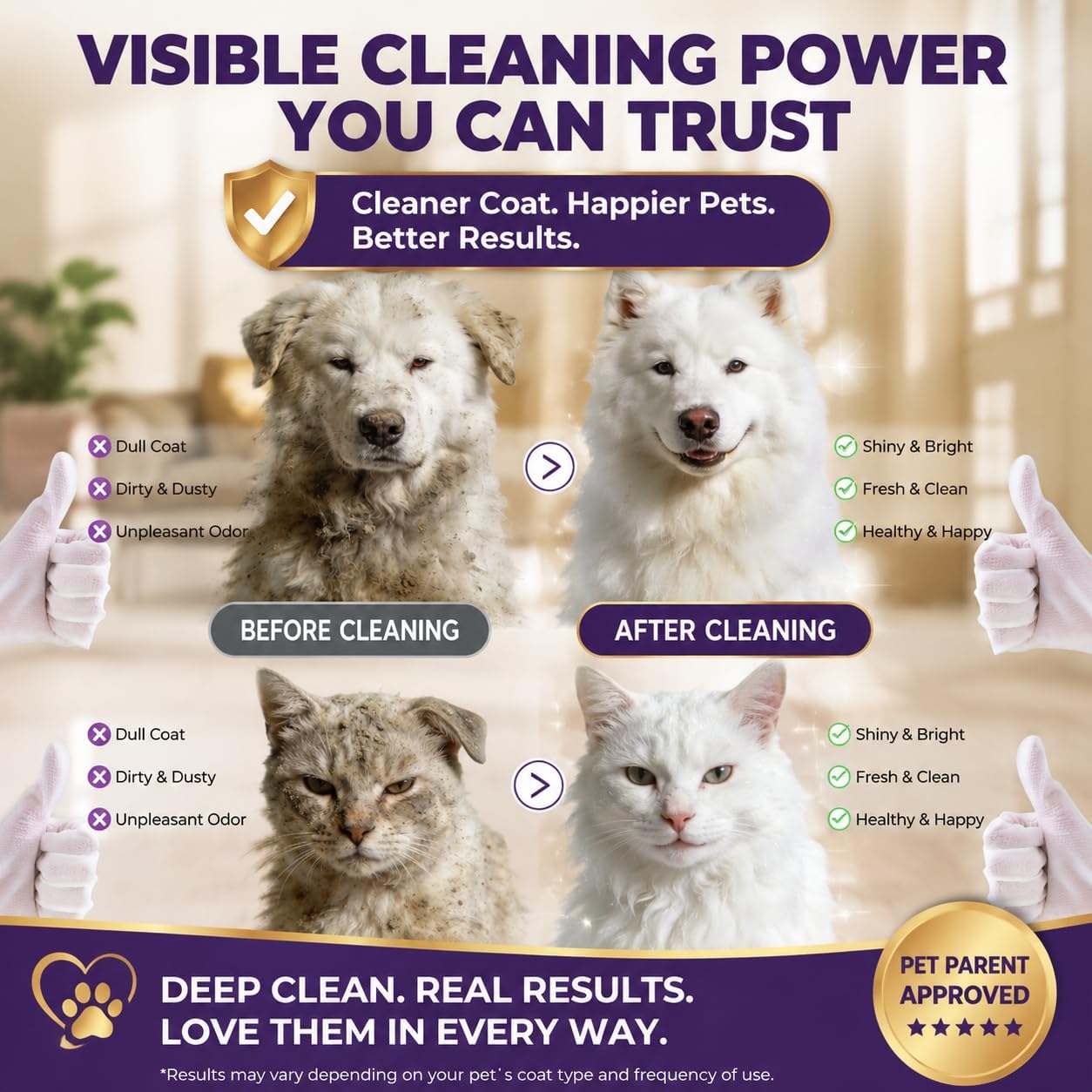 Pet Glove Wipes for Dogs & Cats, 30Pcs Deodorizing Cleaning Gloves with Coconut Oil, Vet Recommended Hypoallergenic Bathless Grooming Wipes for Paws, Body & Ears, No-Rinse