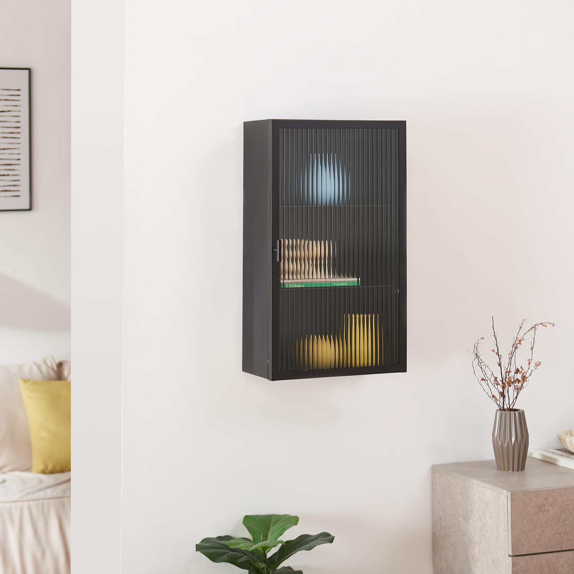 [en.casa] Armoire Murale Zundert Acier Verre Strié 60 x 35 x 15 cm Noir