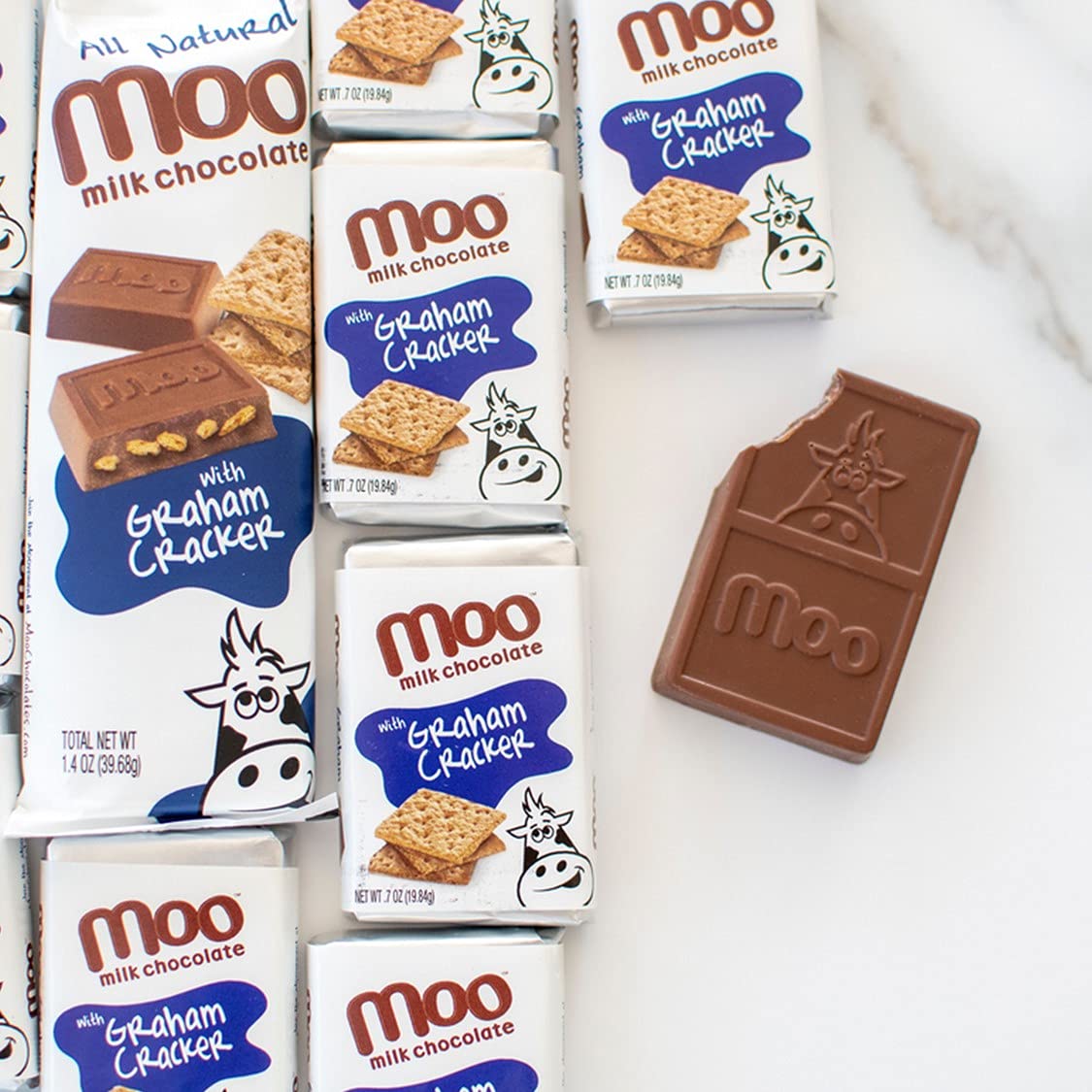 Moo Chocolates All Natural Milk Chocolate Mini Bars with Graham Cracker 0.7 oz, 14 ct (Pack of 1) | 100 Calorie Snacks for On-the-Go, Lunchboxes, Office