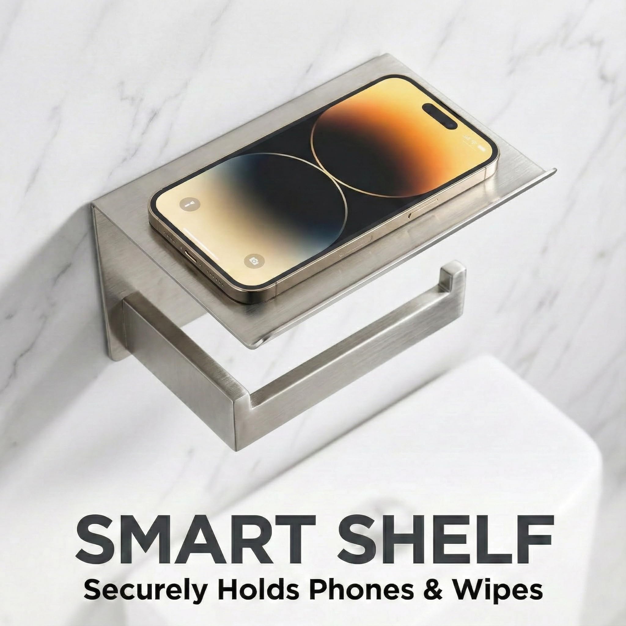 Toilet Paper Holder with Phone Shelf, Brushed Nickel — Amazon image 5