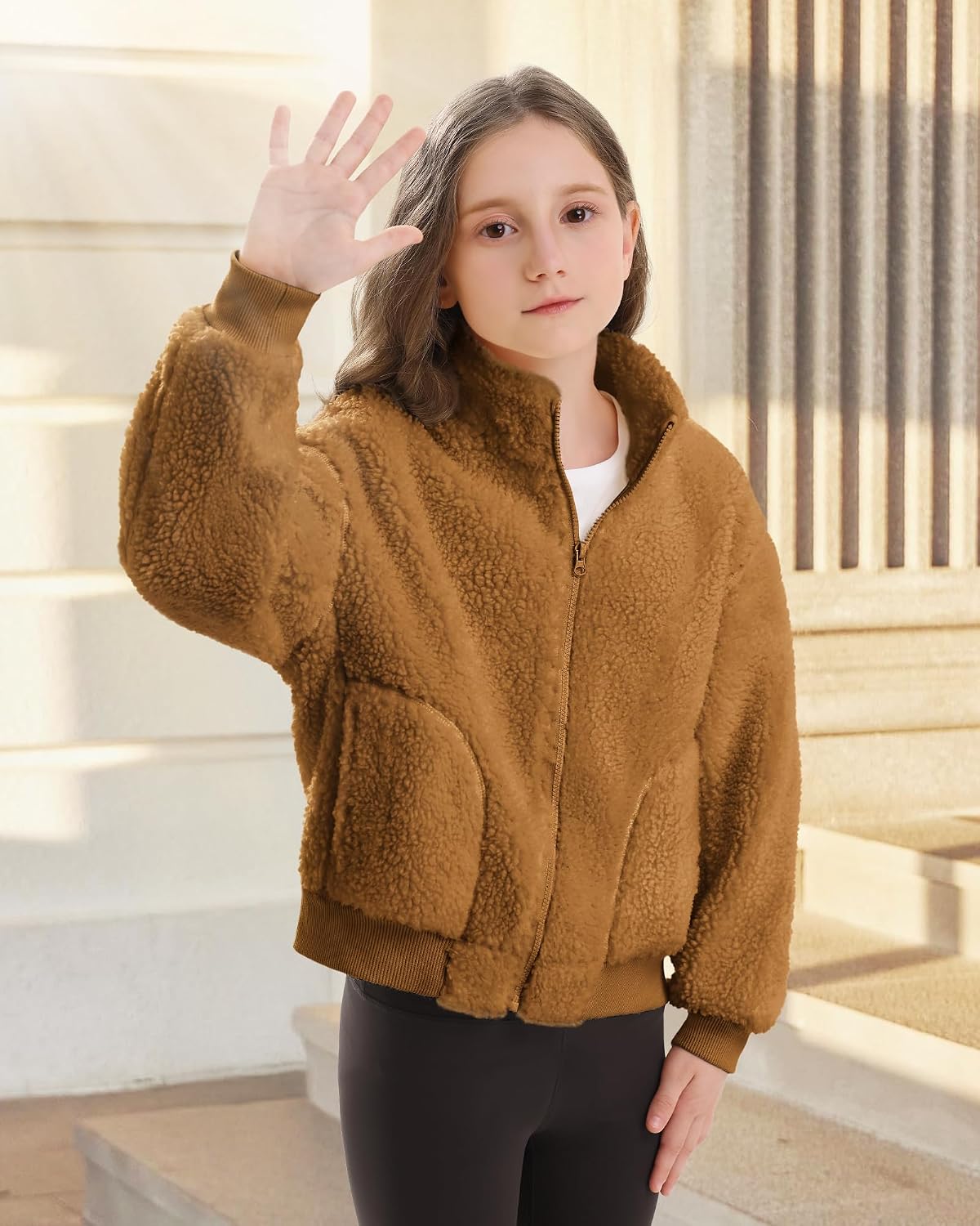 Stelle Girls Sherpa Jacket Fall Fleece Coat Full Zip Winter Fuzzy Outerwear with Pockets for 4-15 Years