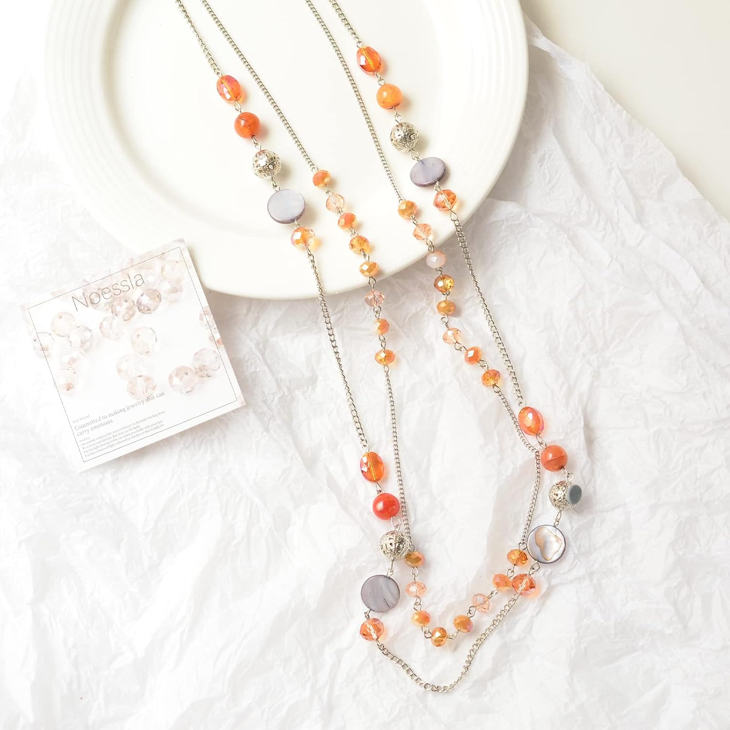 Noessla Layered Long Necklaces for Women Crystal Beaded Statement Necklace Sweater Silver Chain with Gifts Box Jewelry - Image 6