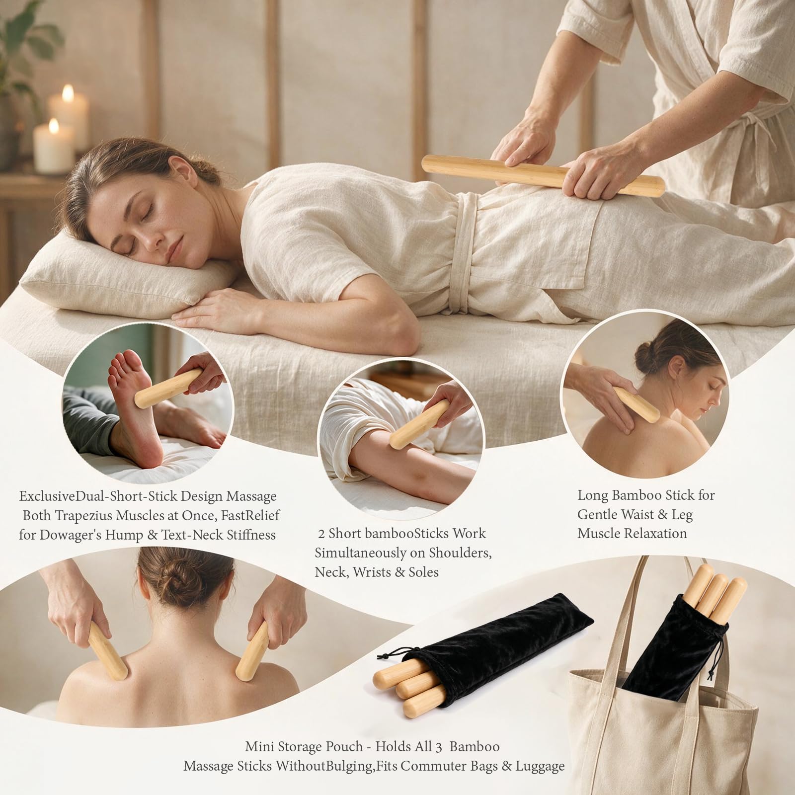 Massive Bambus-Massagestäbchen, 100 % Bambus-Massagewerkzeuge, Bambus-Therapie-Massagerollen-Set für Guasha, Entspannung, Körperformung, 3 Stück