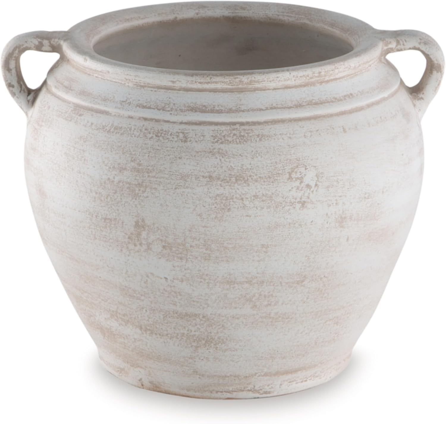 Signature Design by Ashley Large White Terra Cotta Vase with Handles | Distressed ceramic wide mouth centerpiece, Round bucket pot, 8 lb heavy build, Meadie Series