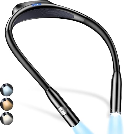 Gritin LED Neck Reading Light, Book Light for Reading in Bed-Eye Caring 3 Colors, Dimmable Brightness, Bendable Arms, 80+Hrs Runtime, Neck Round Design, Comfortable &Lightweight for Crafting, Knitting