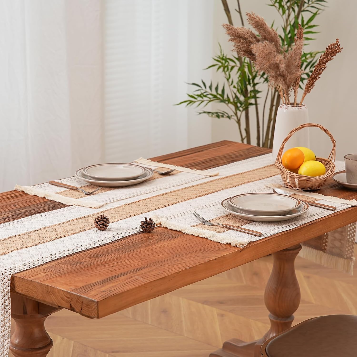 Boho Table Runner for Home Decor with Tassels & 2 Placemats Set-72 Inch Cream & Brown Macrame Runner for Dining & Bedroom Baby Bridal Shower Decor(12x72 Inches)