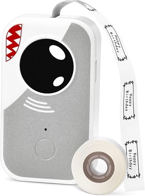 Memoking D30 Label Maker D30 Cute Label Printer Shark Design with 12mm White Thermal Label Maker Tape Portable Bluetooth Sticker Maker for iOS Android Smartphones - Gray