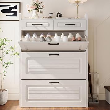 ODUWA Shoe Storage Cabinet with 3 Flip Drawers and 2 Storages Drawers, Easy to Store 18-25 Pairs of Shoes, White Wood Shoe Cabinet Storage for Entryway, Hallway