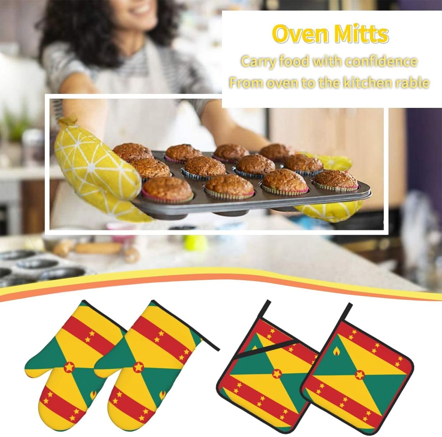Flag of Grenada Prints Kitchen Covers: Waterproof Oven Layers for Safe Cooking & Easy Cleanup - 4 Piece Heat Protection Set