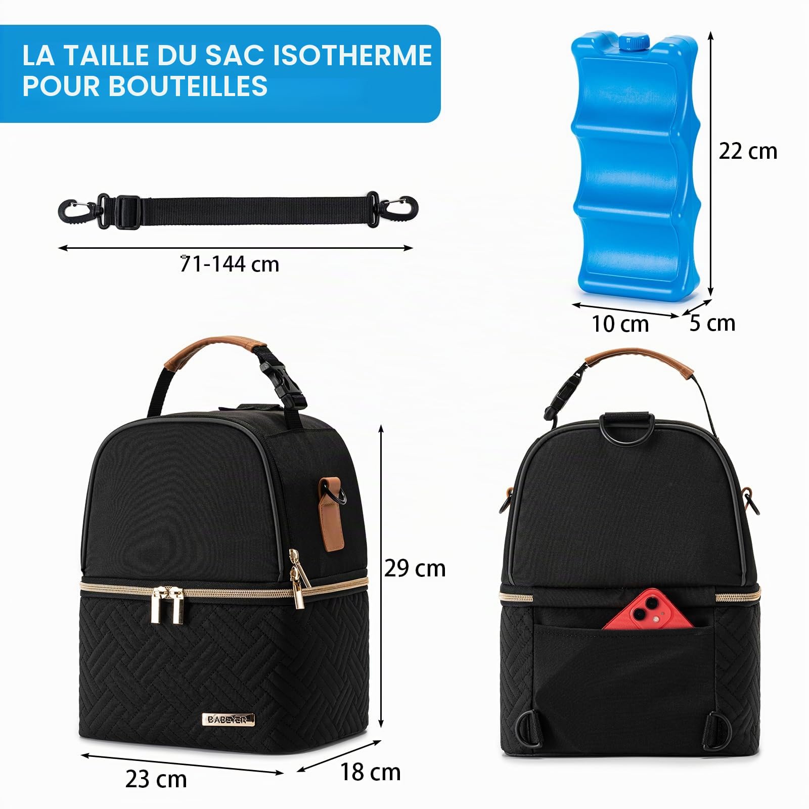 Sac isotherme pour lait maternel avec bloc réfrigérant pour 6 biberons jusqu'à 270 ml, sac isotherme avec bandoulière pour les mamans allaitantes, crèche, travail, voyage