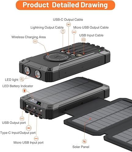 Miniatura 8 de GOODaaa Cargador solar, cargador inalámbrico portátil de 36800 mAh con cinco paneles solares incorporados, cuatro cables, cinco salidas, paquete de