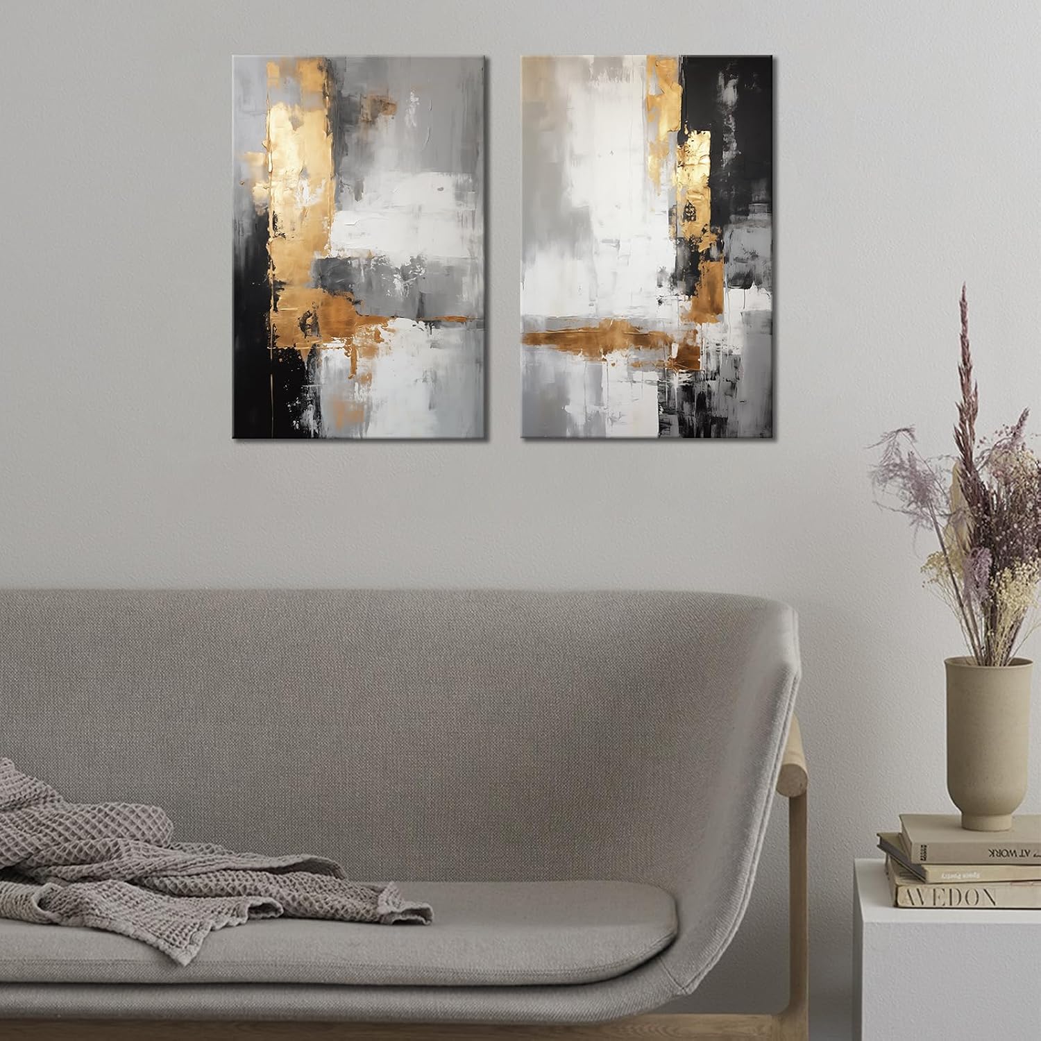 2 Piece Abstract Canvas Wall Art Black and Gold Wall Decor Black and White with Gold Foil Textured Print Painting Artwork for Living Room, Bedroom, Office, Framed