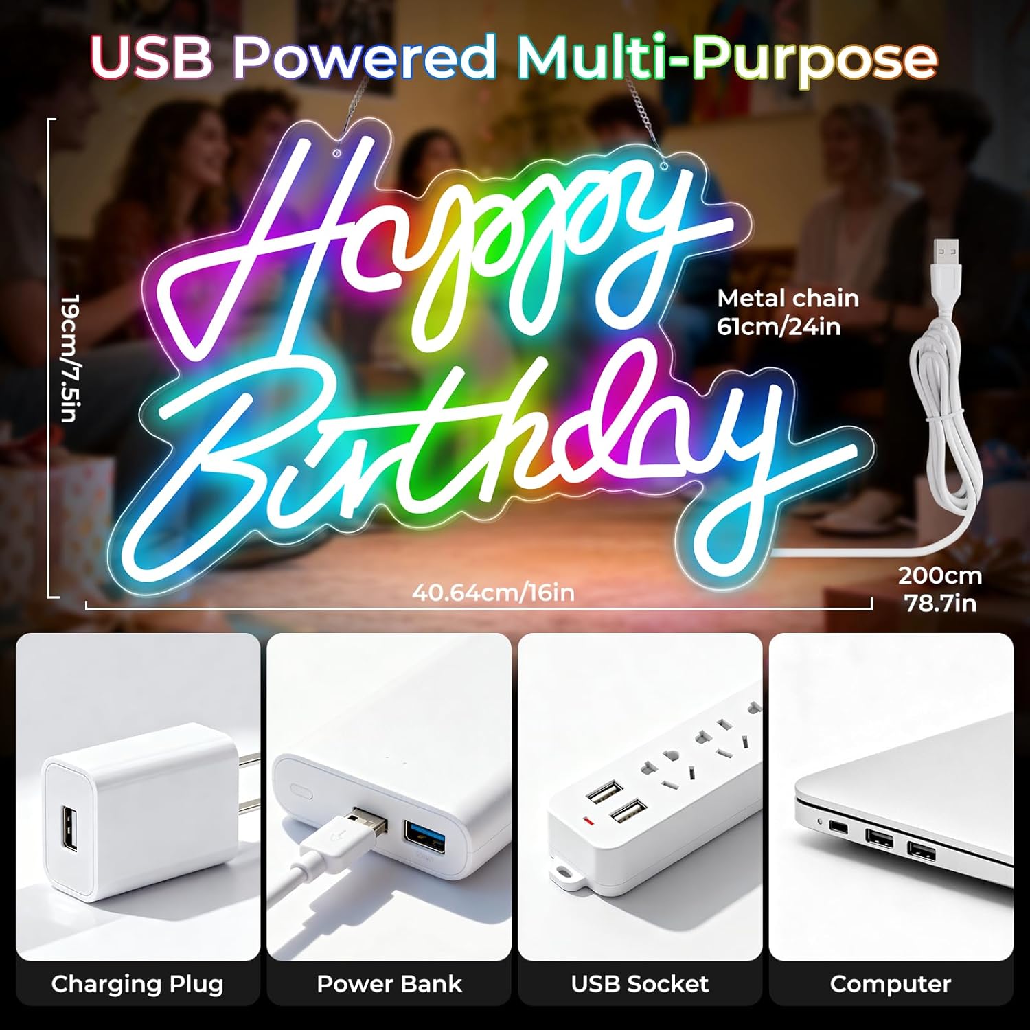 Happy Birthday Sign for Wall Decor, RGB Led Happy Birthday Decorations For Party And Remote Control, USB Powered Dimmable Neon Light.Corlorful Happy Birthday Light Up Sign.