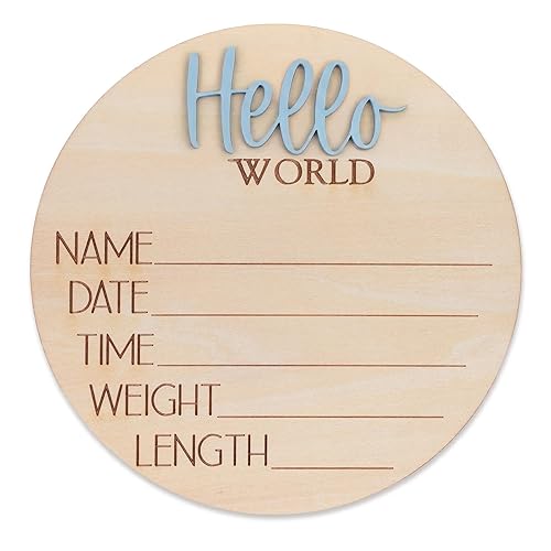 Hello World Wooden Baby Birth Announcement Sign, Newborn Name Date