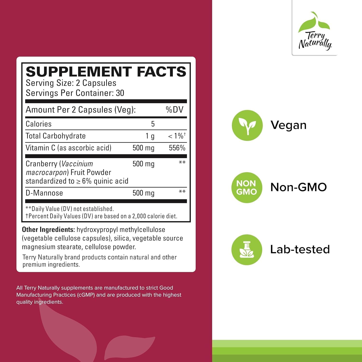 Terry Naturally Urinary Tract Intensive Support - Supplement with Cranberry for Bladder Health Support - Kidney Health Supplement with D-Mannose & Vitamin C - 60 Capsules (30 Servings)