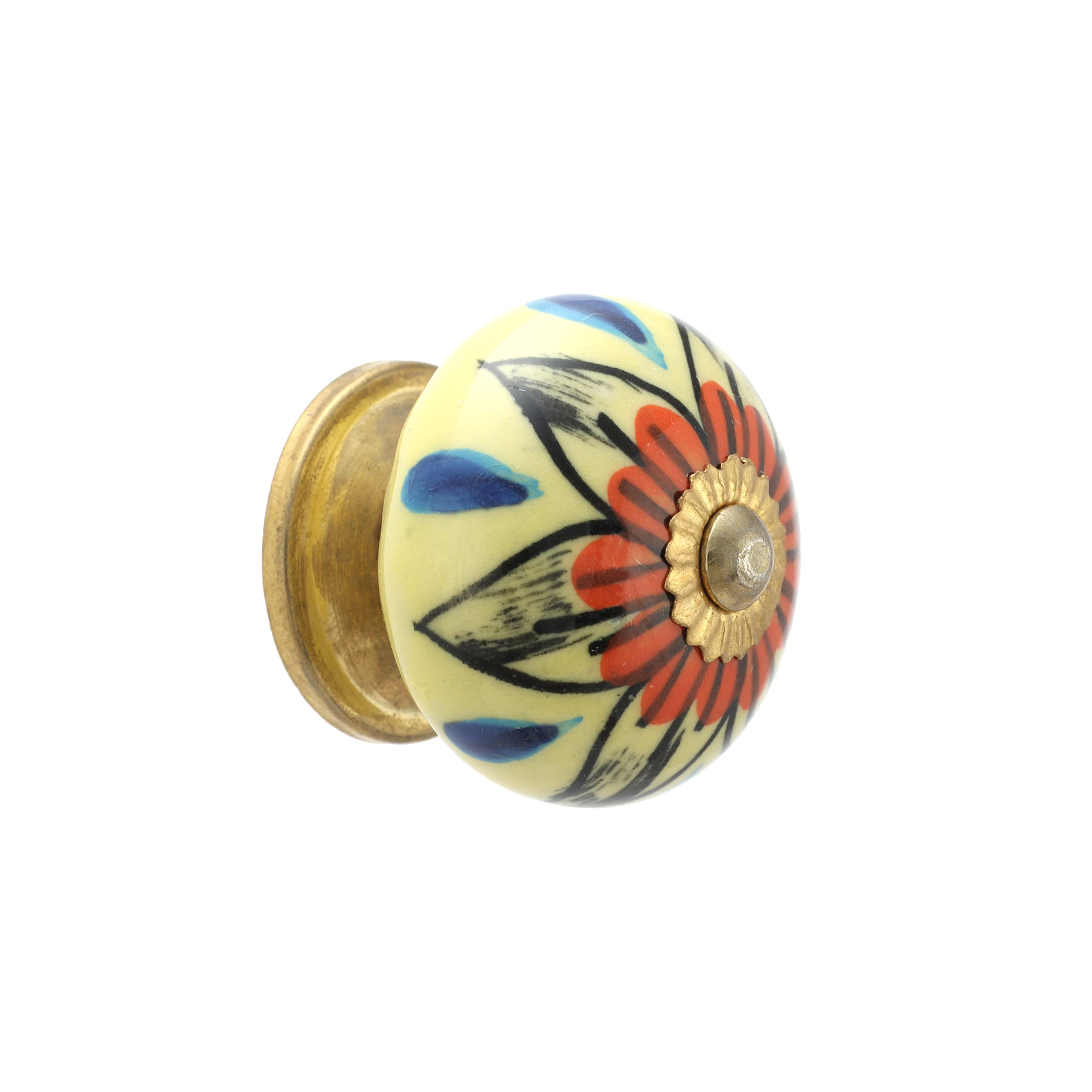 Rasiya Art Drawer Knobs for Drawer Cabinet Dresser Furniture - Indian Handmade Ceramic Dresser Pull Handle Kitchen Cupboard Wardrobe Drawer Pulls Boho Furniture Hardware - Yellow Rangoli - Pack of 4