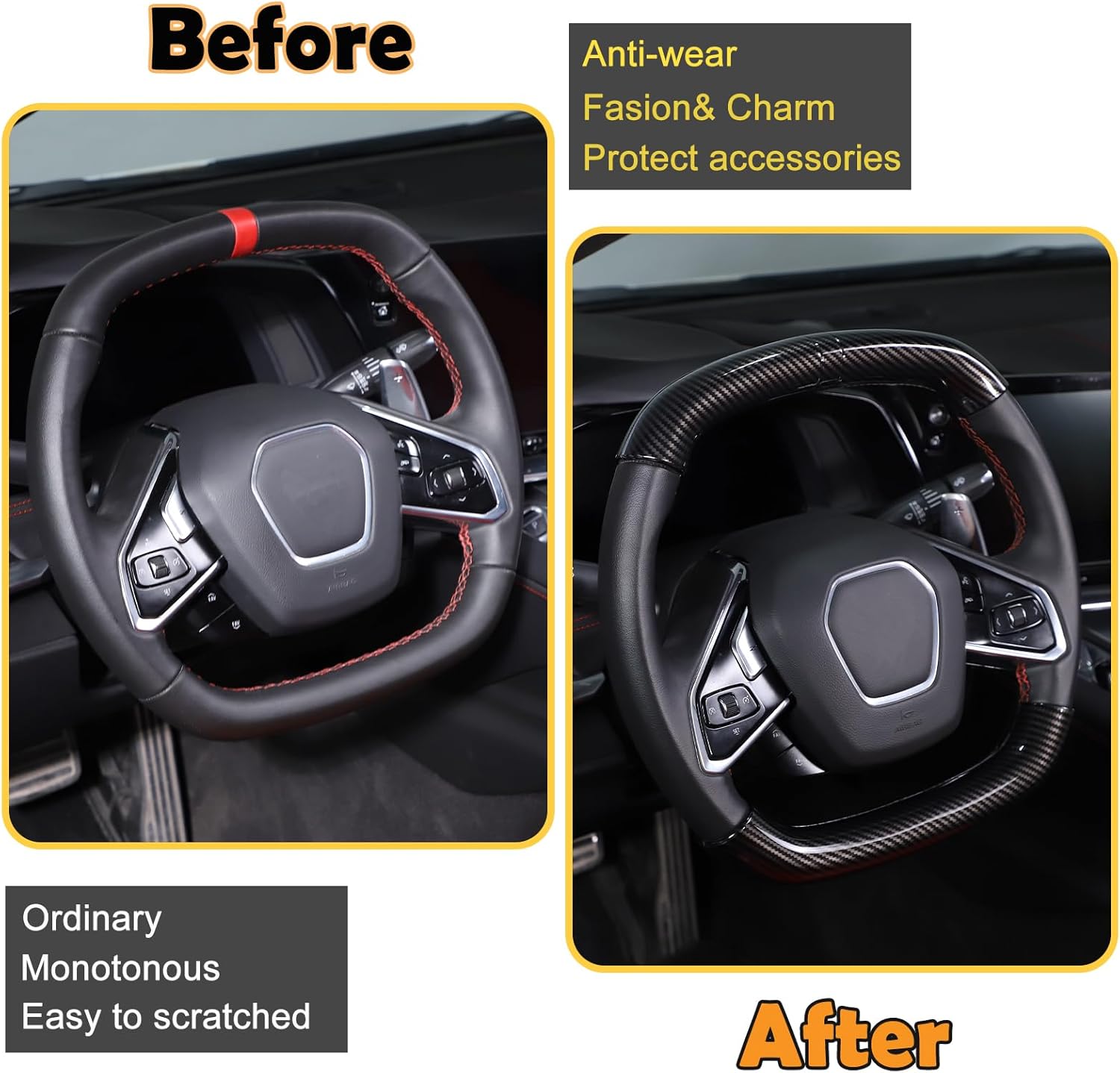 Car Steering Wheel Cover Compatible with Corvette C8 Stingray 2020 2021 2022 2023, Segmented Anti-Skid Steering Wheel Protector Interior Accessories (Carbon Fiber Pattern)