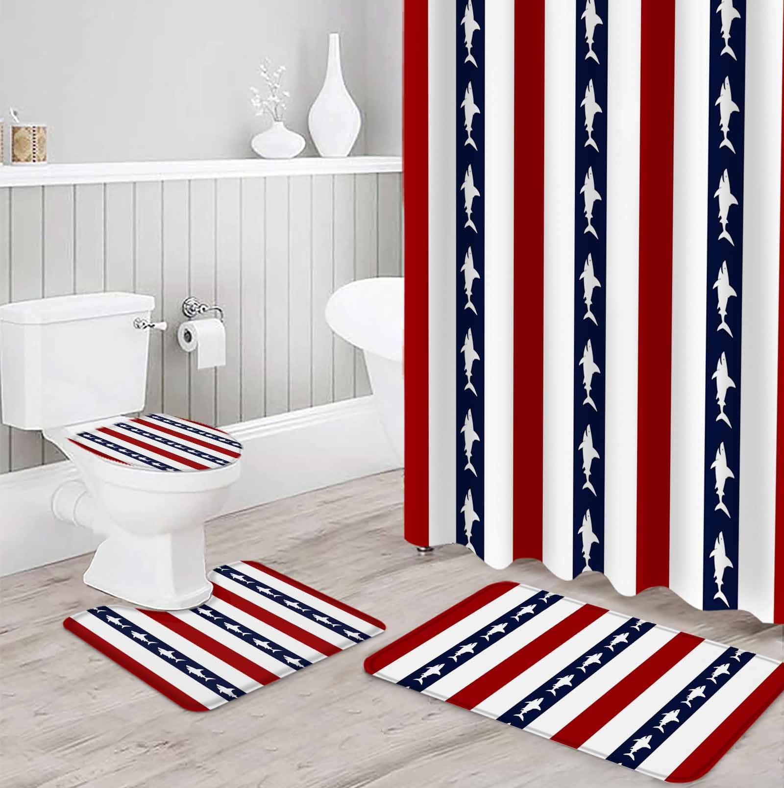 Coastal Shark Bathroom Set with Shower Curtain and Rug Accessories - 36x72 Inches Long Ocean Red Navy Blue White Stripe Geometric Stall Curtain Waterproof with Large Bath Mat,Washable Runner Rug Set