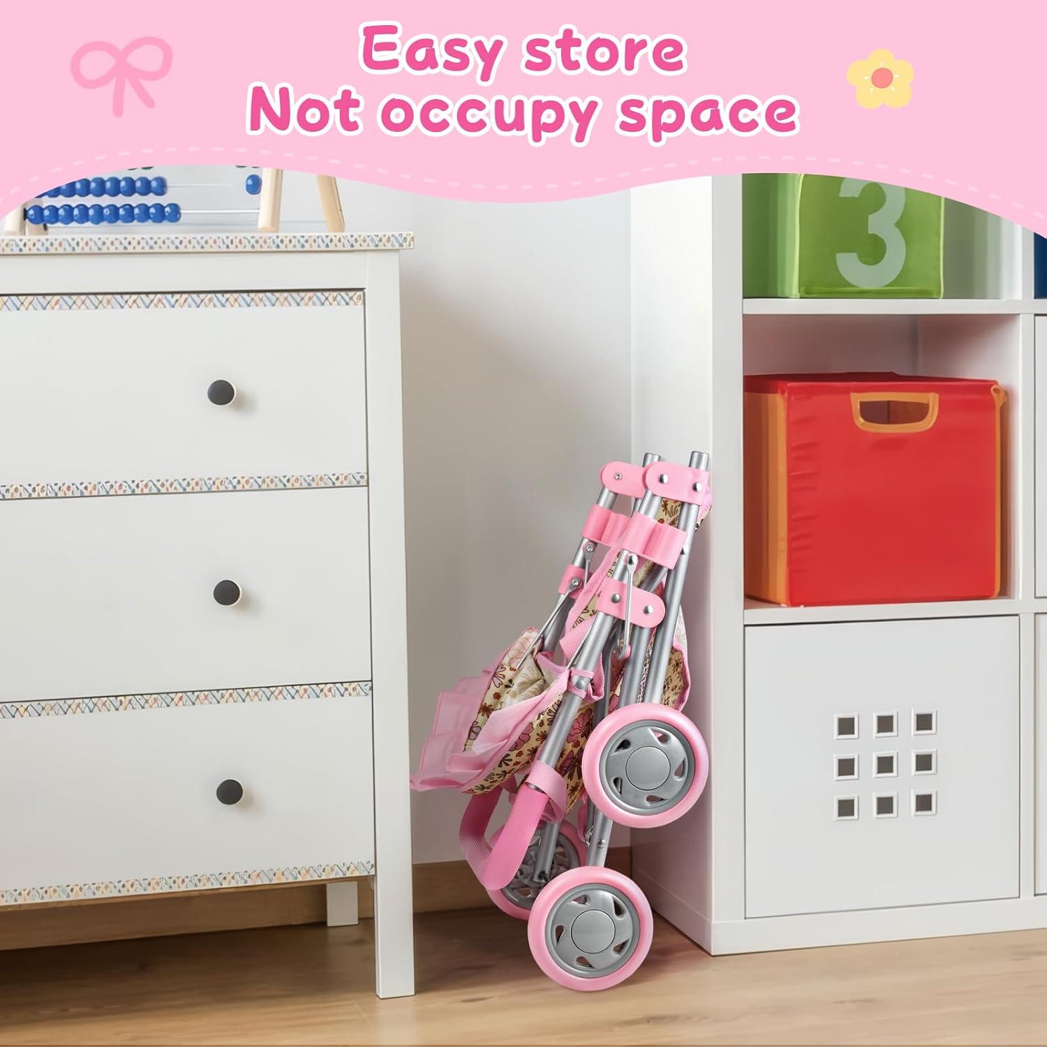 GAGAKU Baby Doll Stroller, Foldable Toy Stroller with Storage Basket and Bag, Diaper, Reborn Doll Accessories for Girls & Kids Ages 3+, Daises Pattern