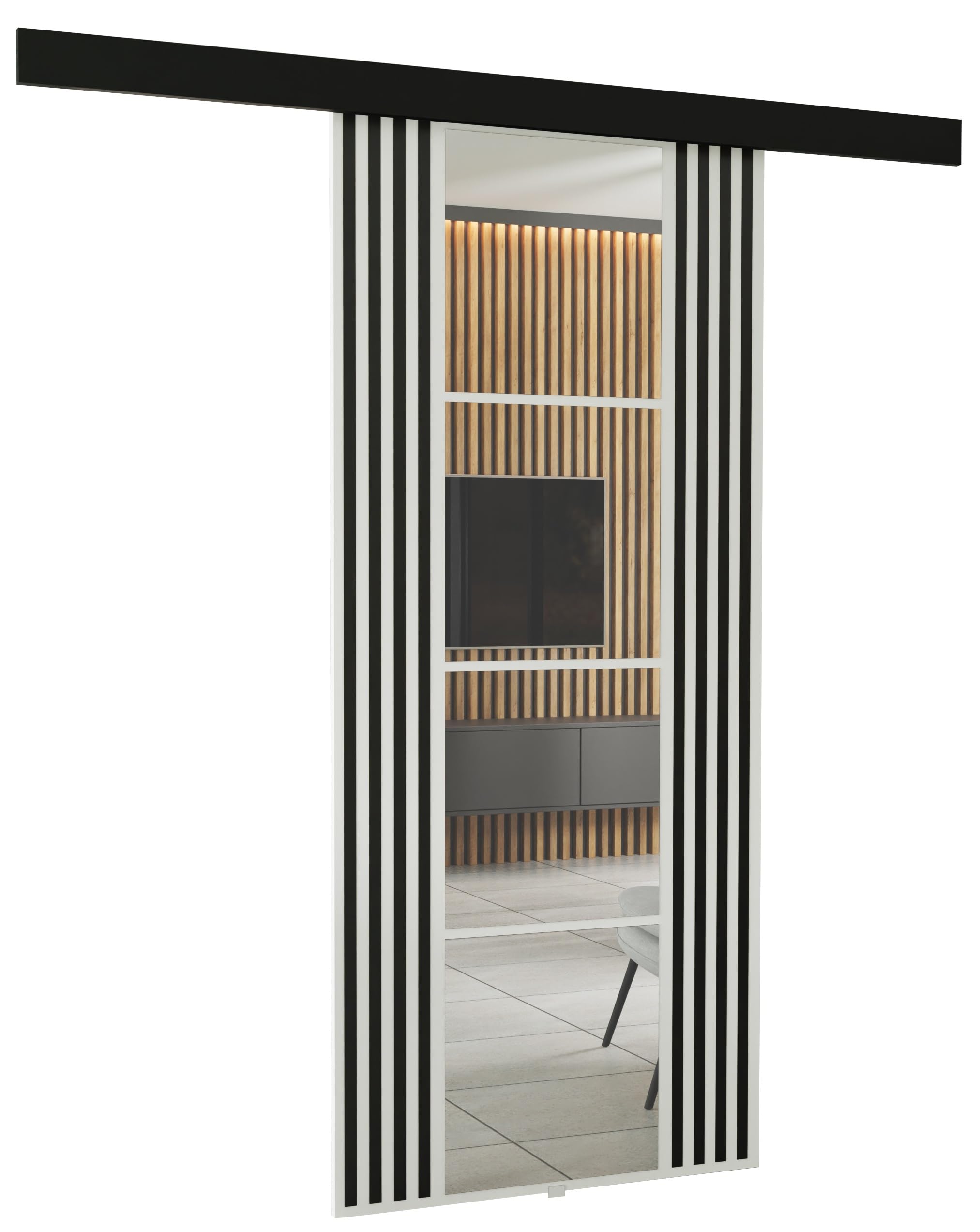 KIER FURNITURE Wandschiebetüren mit Spiegeln EMPI 80 – Schiebetür Komplettset Schiene Komplettset Mit Tür – Zimmertüren Mit Zarge Komplett - B86xH205xT1,6 cm - Weiß