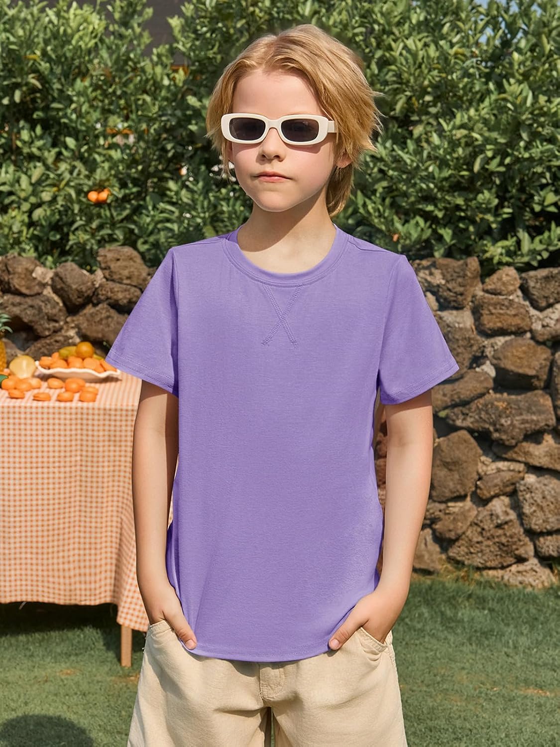 Haloumoning Boys Short Sleeve Shirts Kids Summer Crewneck Curve Hem Tunic Tops Basic tees 5-14 Years image 2