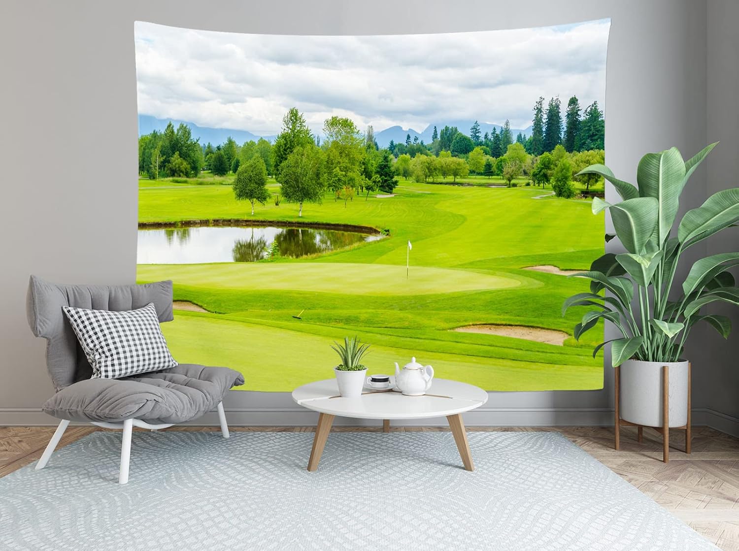 Fabric 15x8ft Golf Course Backdrop Blue Sky White Clouds Green Grass Trees Lawn Pond Photography Background Golf Sports Party Decorations Holiday Vacation Birthday Banner Photo Studio Props