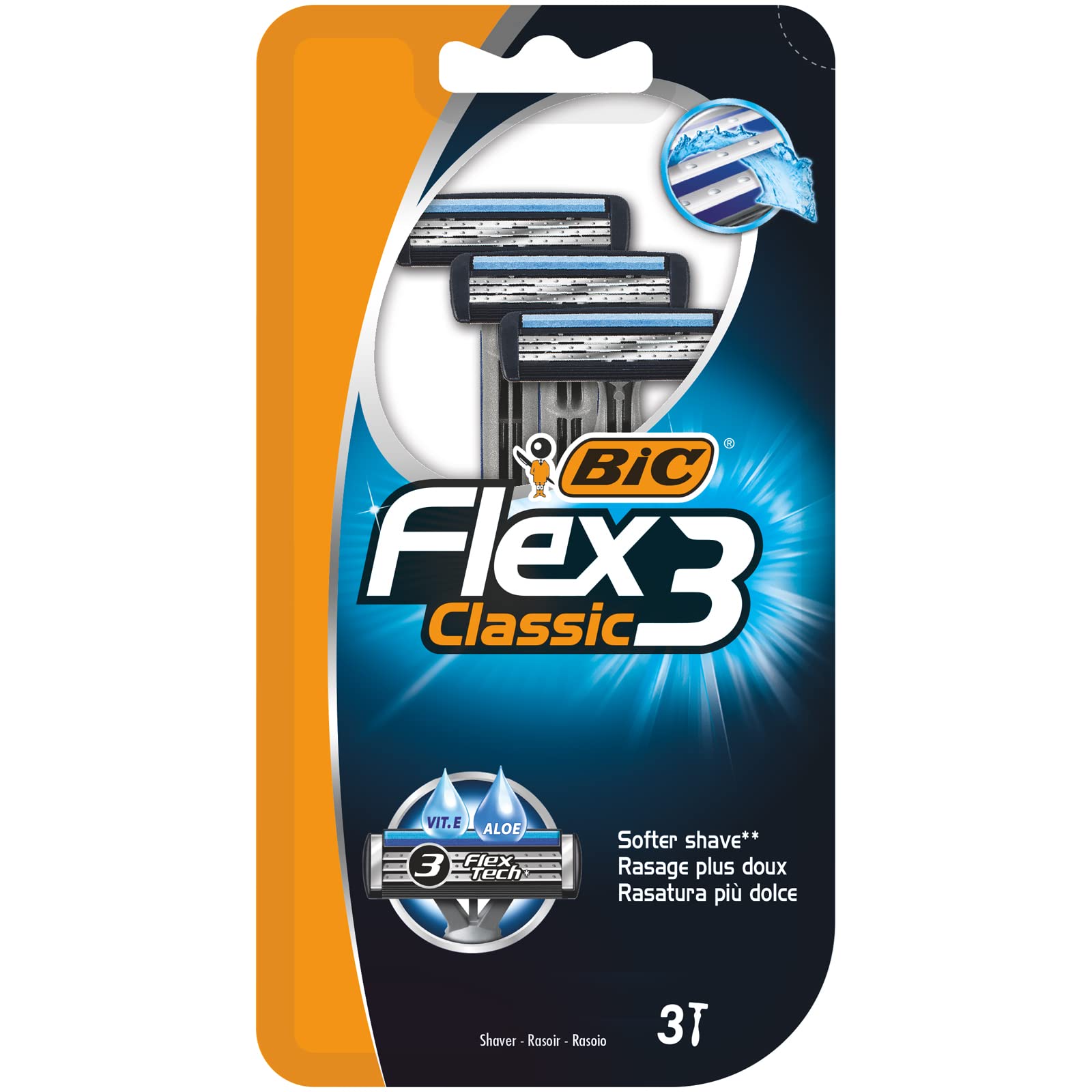 BIC Flex 3 Erkek Tıraş Bıçağı 3'lü Blister (3 Bıçak), Birbirinden Bağımsız Hareket Edebilen 3 Bıçak, Oynar Başlık, Aloe Vera ile Zenginleştirilmiş Kayganlaştırıcı Jel Şerit
