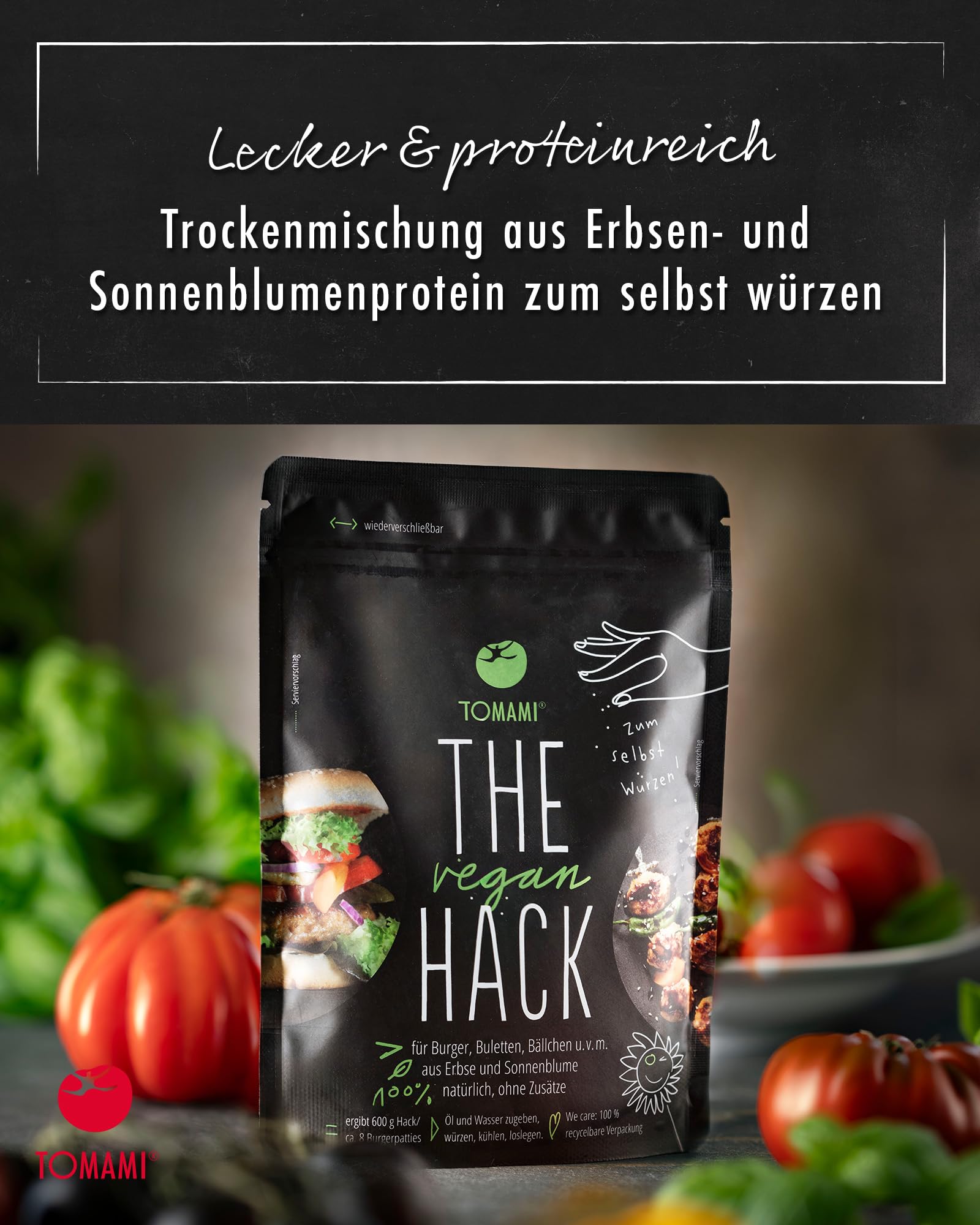 Tomami The Vegan Hack 1kg – Proteinreiche ungewürzte Hackfleischalternative aus Erbsen- & Sonnenblumen - Für 3kg Veganes Hack - Soja- & Glutenfrei