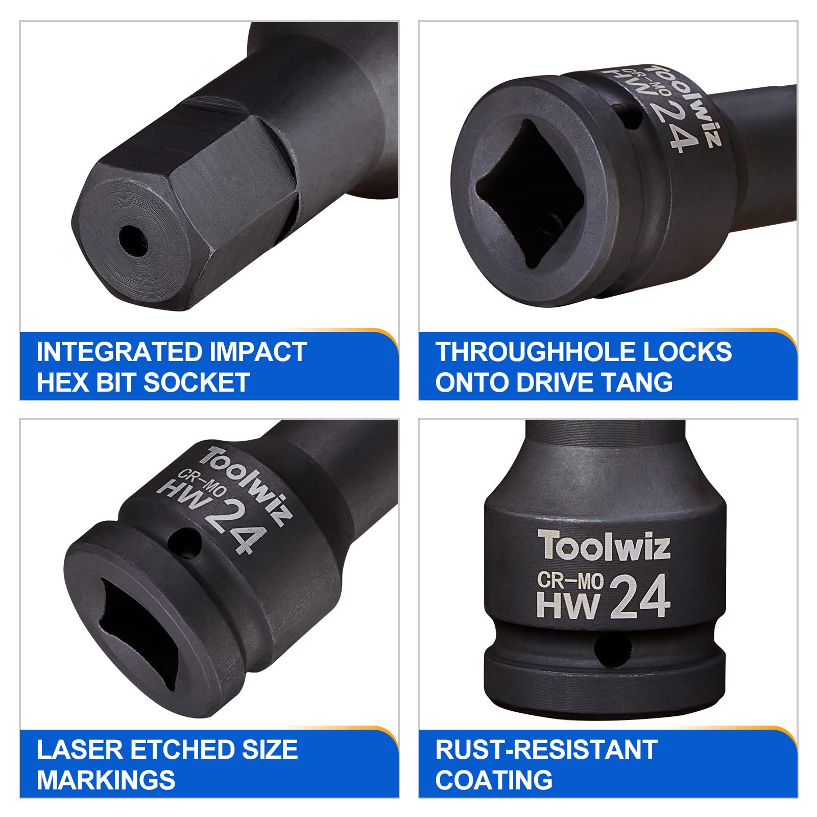 Toolwiz Zestaw bitów sześciokątnych 3/4", metryczny 14-24 mm, stal chromowo-molibdenowa, jednoczęściowa konstrukcja, profesjonalny zestaw kluczy nasadowych do wkrętarki udarowej