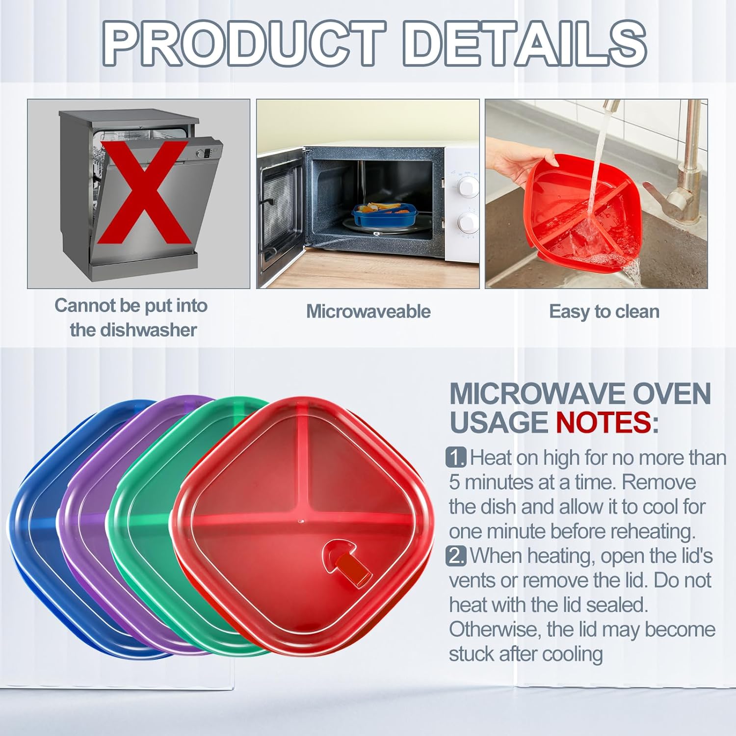 Hushee 4 Pcs Microwave Food Storage Tray Containers with Ventilation Lids 3 Compartment Divided Plates Portion Plate Fits Microwave Fridge(Square,Mixed Colors,8.66 x 8.66 x 1.97 Inch) - Image 3