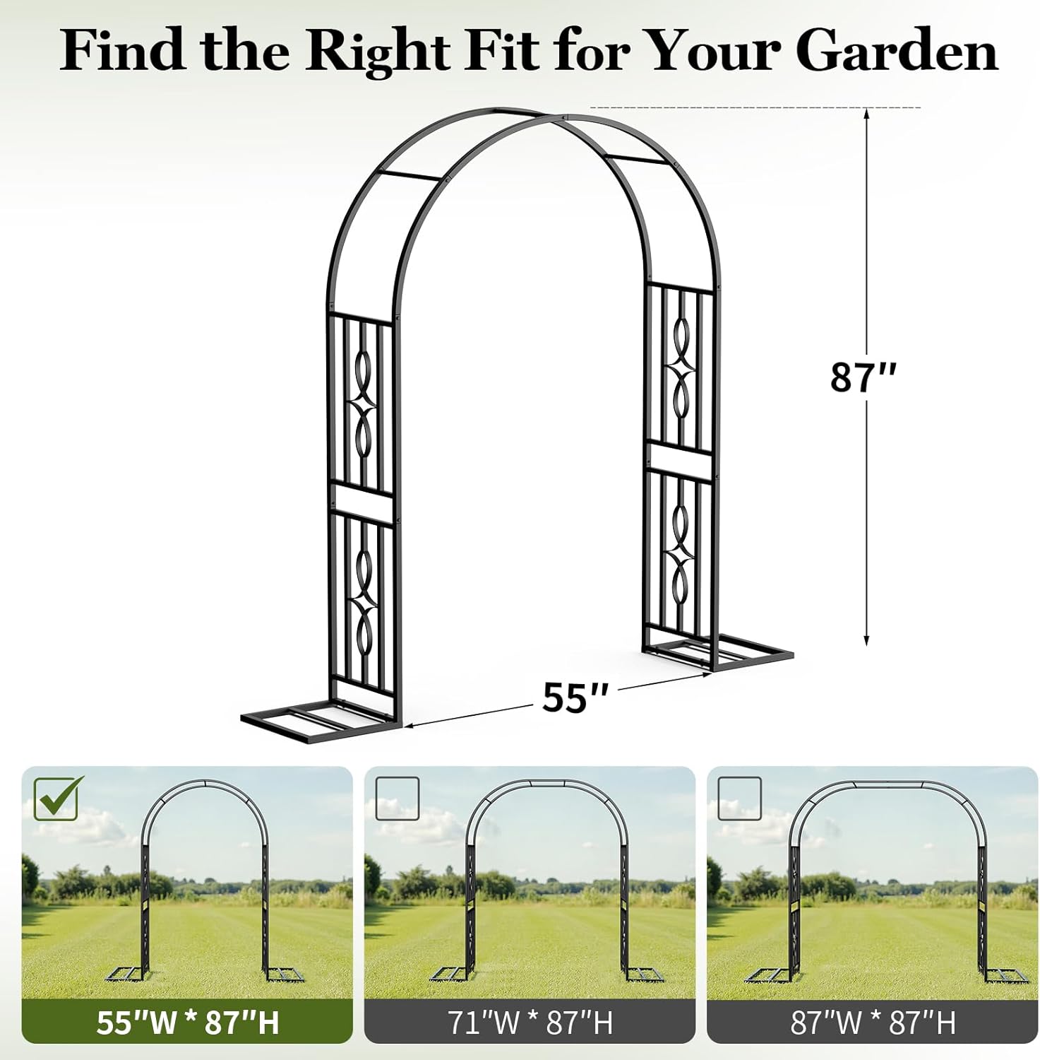 Metal Garden Arch, Heavy Duty Garden Trellis for Climbing Plants, with Enlarged Base for Stability, Ideal for Wedding Arches & Party Decorations, 55" W x 87" H