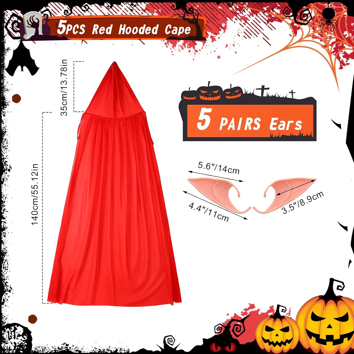 Janmercy 10 Pcs Halloween Red Cloak with Hood Vampire Cap Elf Ear Women Men