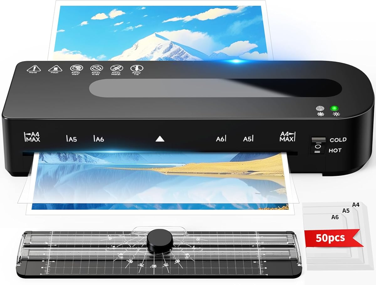 MAXDONE Plastifieuse A4 - Plastifieuse à chaud et à froid 80-125 microns avec 50 pochettes de plastification A4/A5/A6 - Plastifieuse 90 secondes - Pour la maison, le bureau, l'école, les photos - Noir