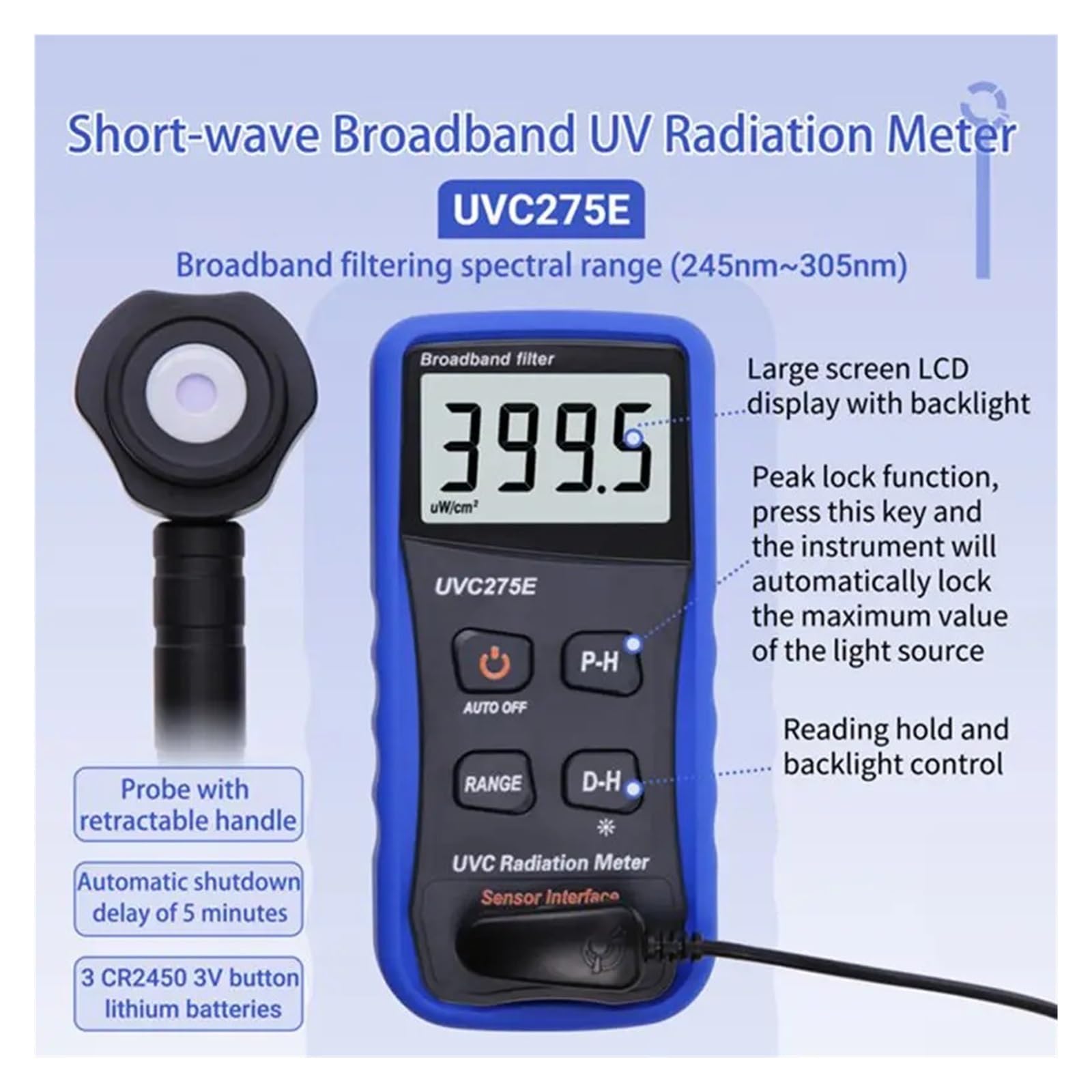 Probador UV, Medidor digital de radiación UVC de 245 nm a 305 nm, filtro de banda ancha, probador de radiación UV de onda corta, detector de luz LED ultravioleta.