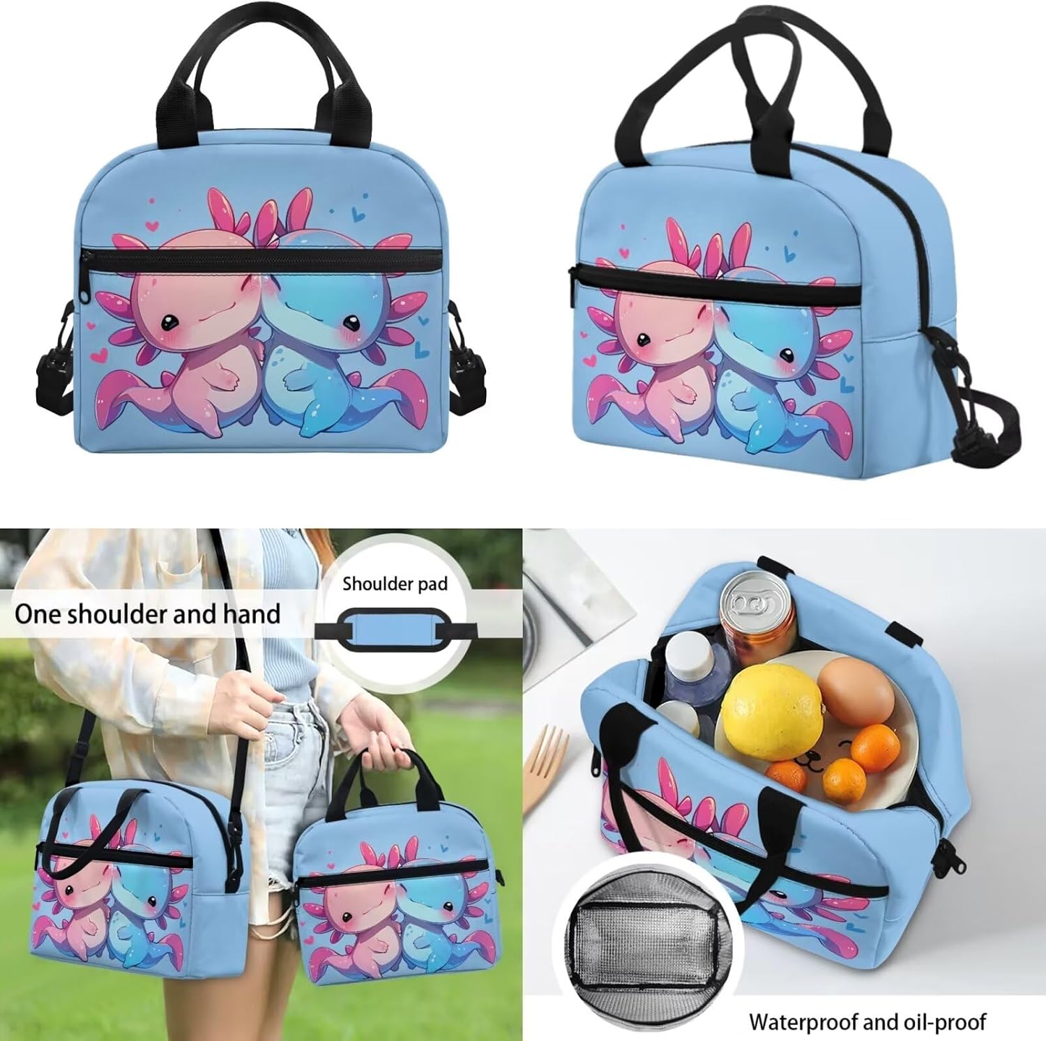 Kawaii Backpack for Middle School Girls with Lunch Box Axolotl Middle Student Bookbag Lunch Bag Set Salamander Book Bags for Teenage Girs 10-12/8-12/6-8 Back Pack Lunchbox Pencil Case 3 in 1