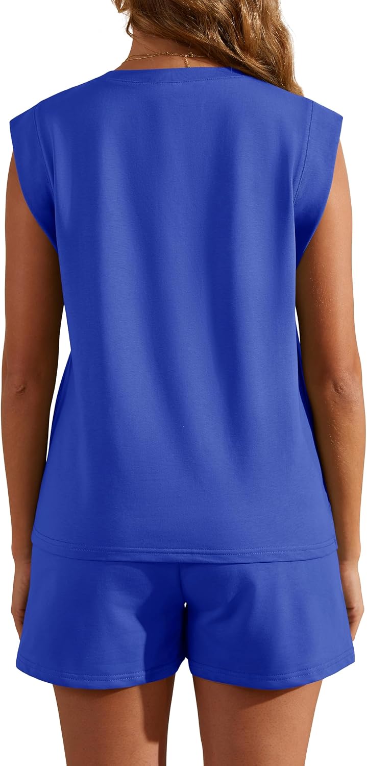 RUBZOOF Two Piece Sets for Women Summer Cap Sleeve Lounge Short Sets Crewneck Outfits with Pocket