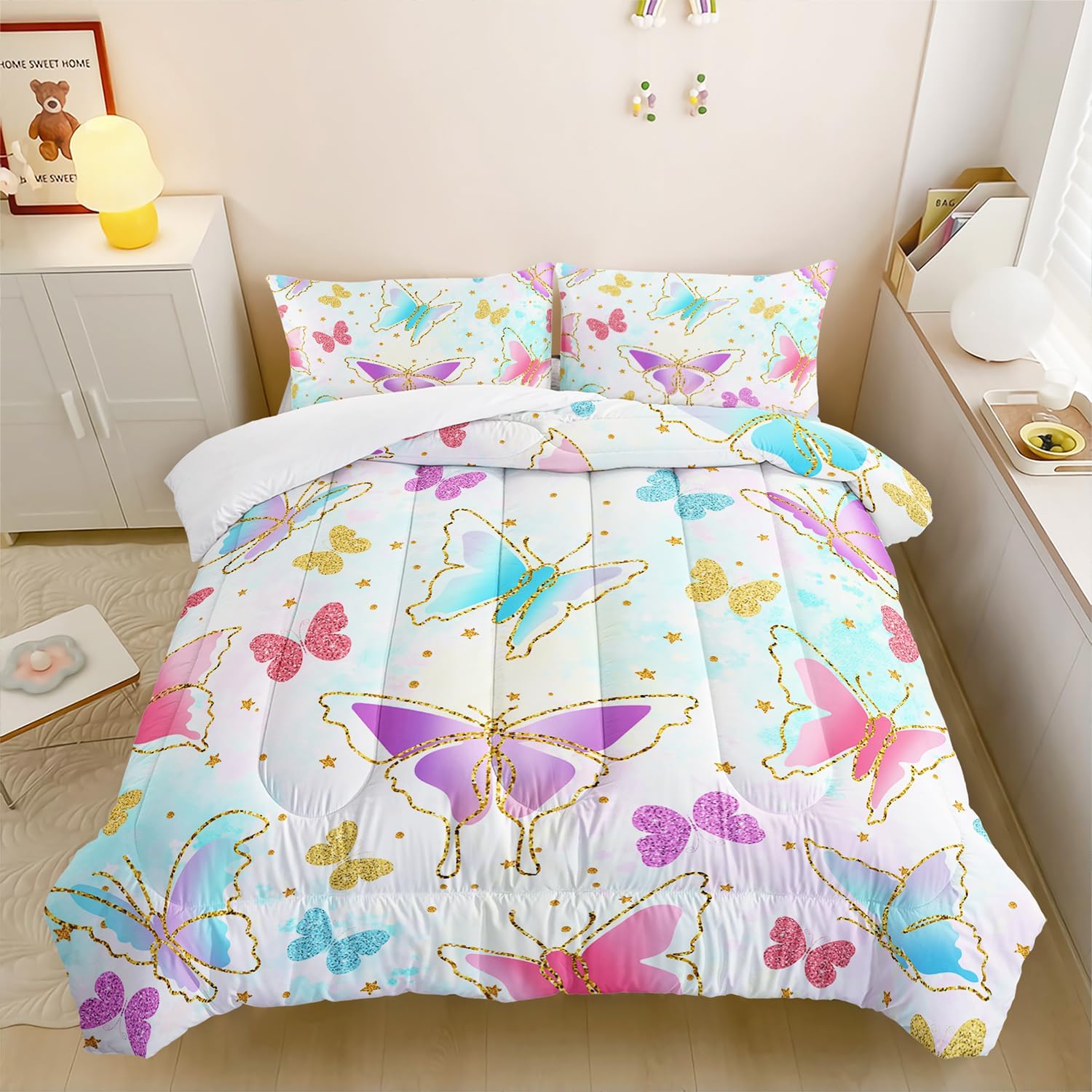 Colorful Butterfly Comforter 3Pcs Queen Tie Dye Sparkling Butterfly Animal Bedding Set for Kid Teen Girl Boy Adult Bed Decor Golden Star Butterfly Quilt with 1 Comforter and 2 Pillowcases
