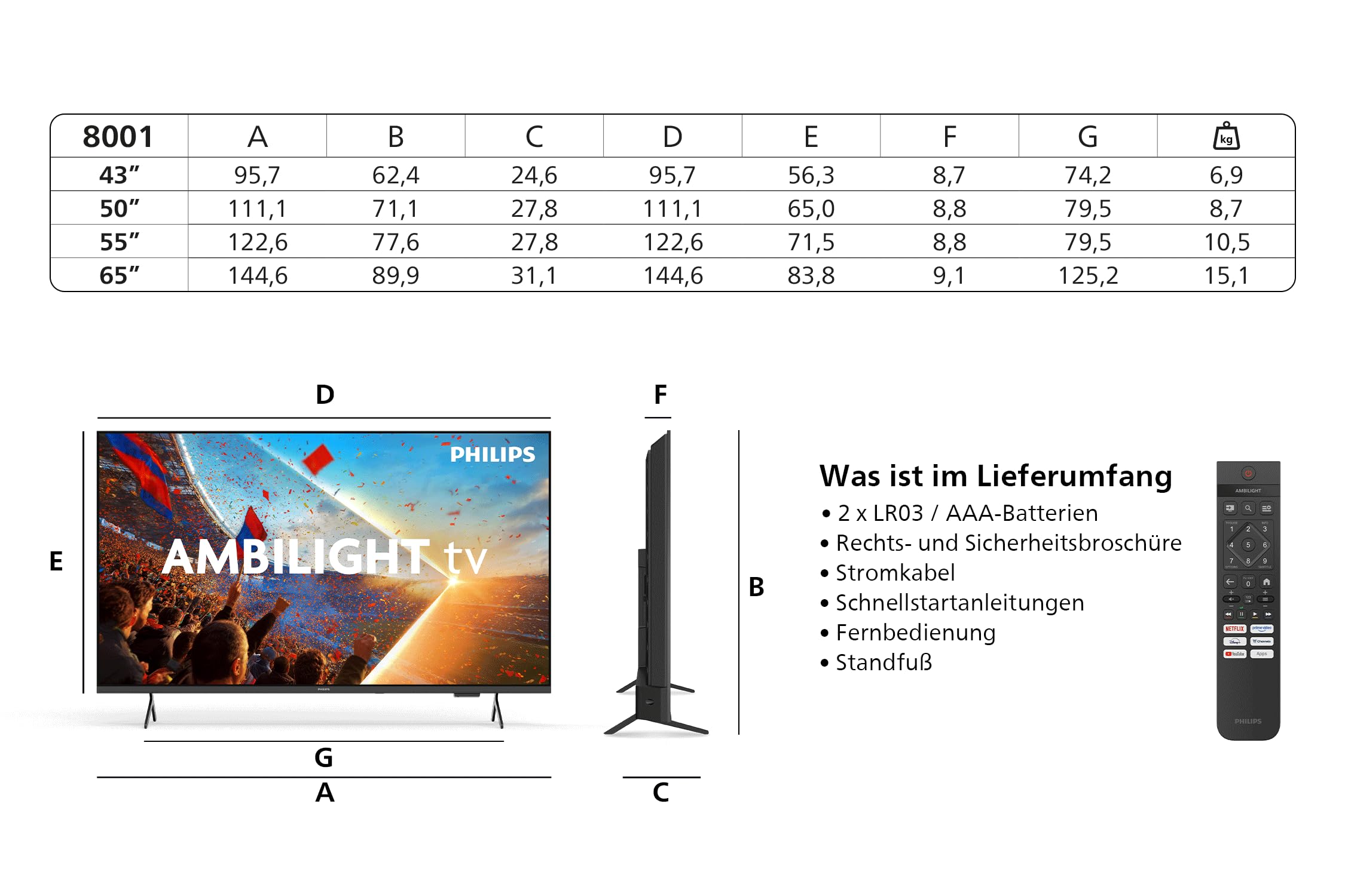 PHILIPS Ambilight TV 43PUS8001/12 43 Zoll 4K QLED Smart-TV | Pixel Precise Ultra HD, Titan OS, Dolby Atmos Sound