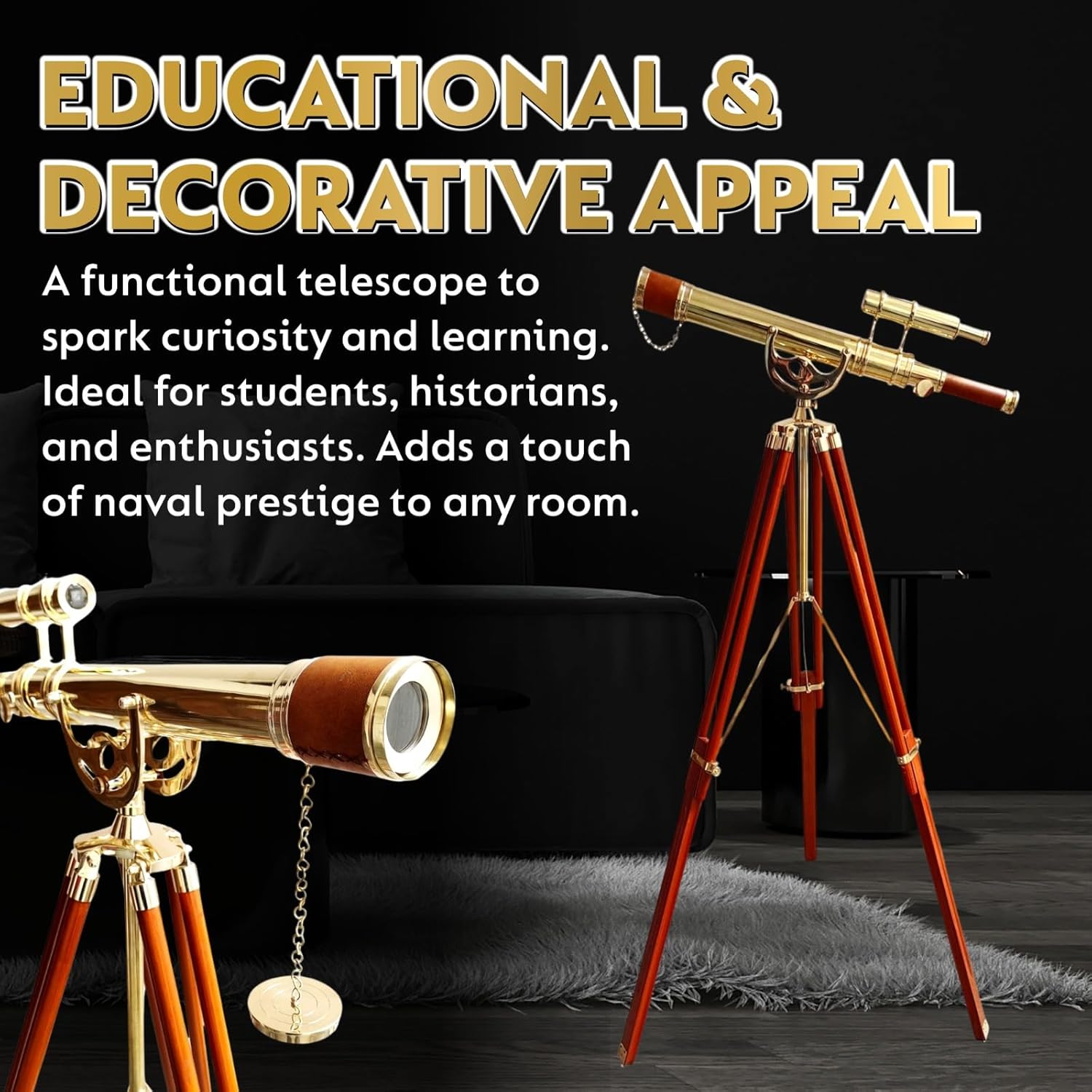 Vintage Maritime Anchor Master Telescope Double Barrel Adjustable Wooden Tripod Royal Educational Telescopes Shiny Finish Brown Leather Nautical Home Decor & Office