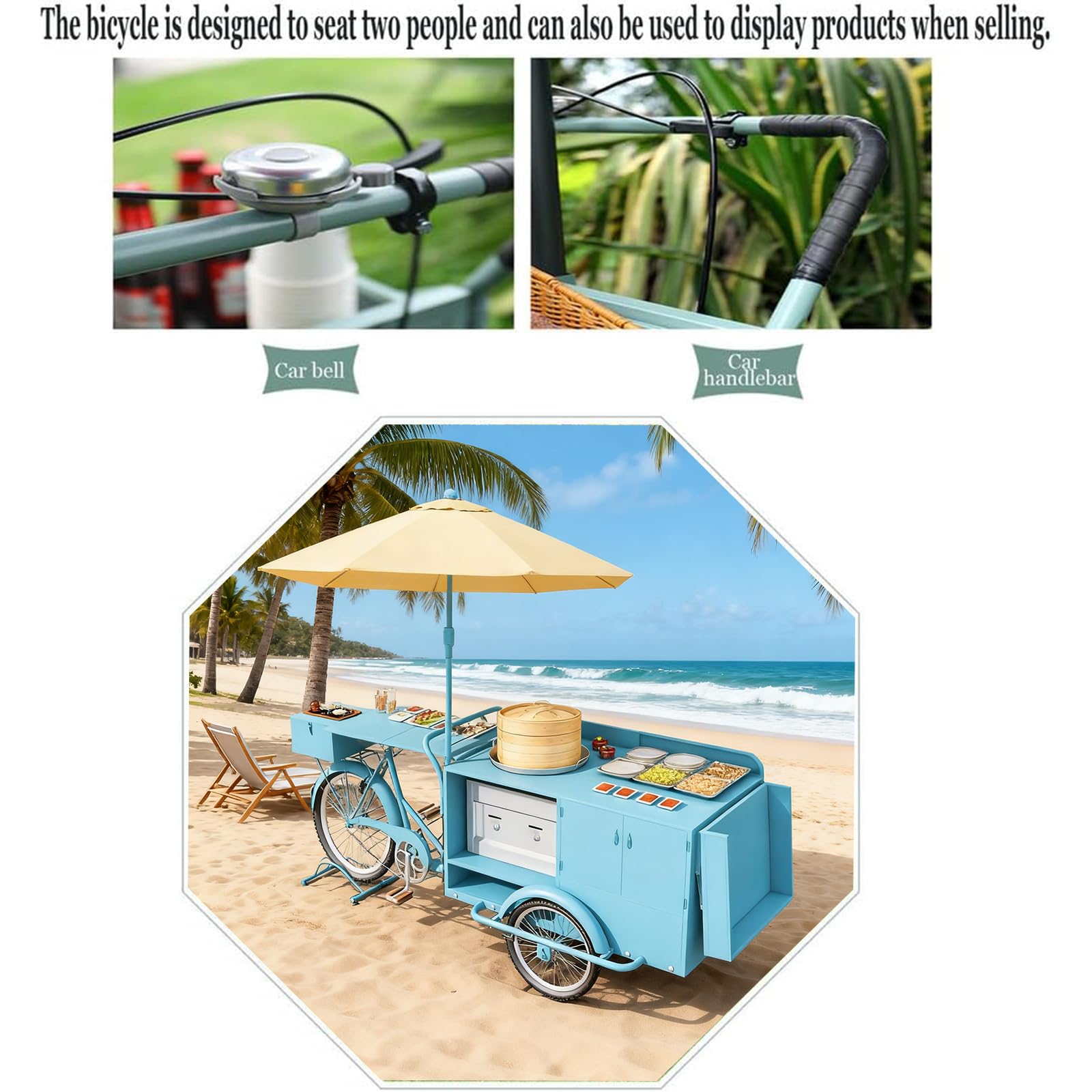 Tricycle Utilitaire Commercial avec Parasol pour la Vente ambulante, Food Trucks, événements en Plein air, Cuisine Mobile, Stand de Restauration, remorque Alimentaire