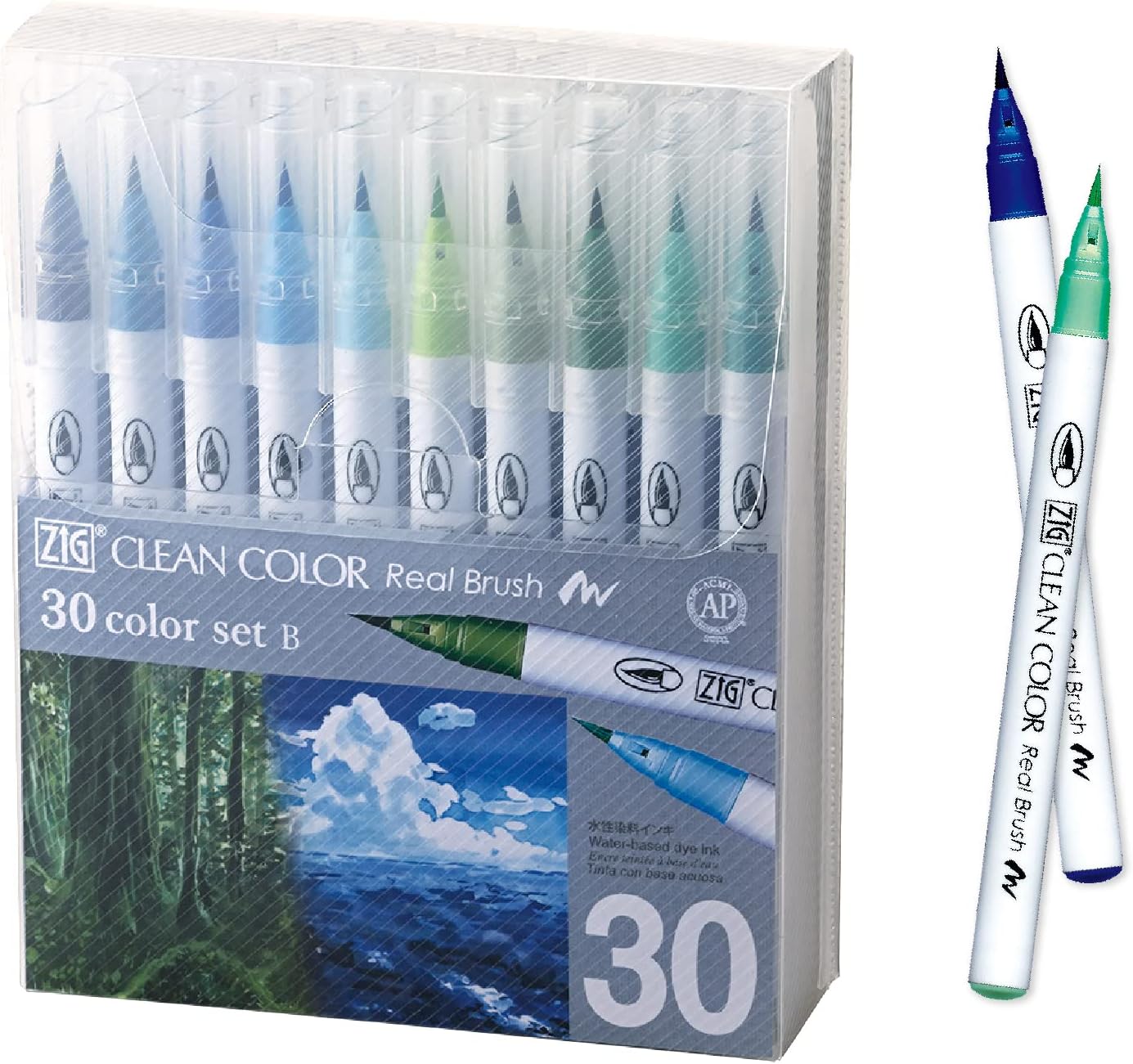 Kuretake ZIG CLEAN COLOR REAL BRUSH 30 COLOUR SET B with Flexible Brush Tips, Watercolor Pens for Painting, Drawing, Calligraphy, Made in Japan, RB-6000AT/30VB