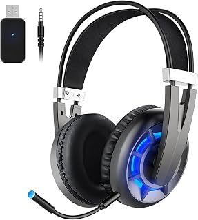 WINTORY Air 2.4GHz Wireless Gaming Headset with Mic for PC PS4 Laptop Computer Headphones with Noise Canceling Microphone, Lightweight Over-Ear LED Gamer Headset with Surround Sound, Up to 15H Use
